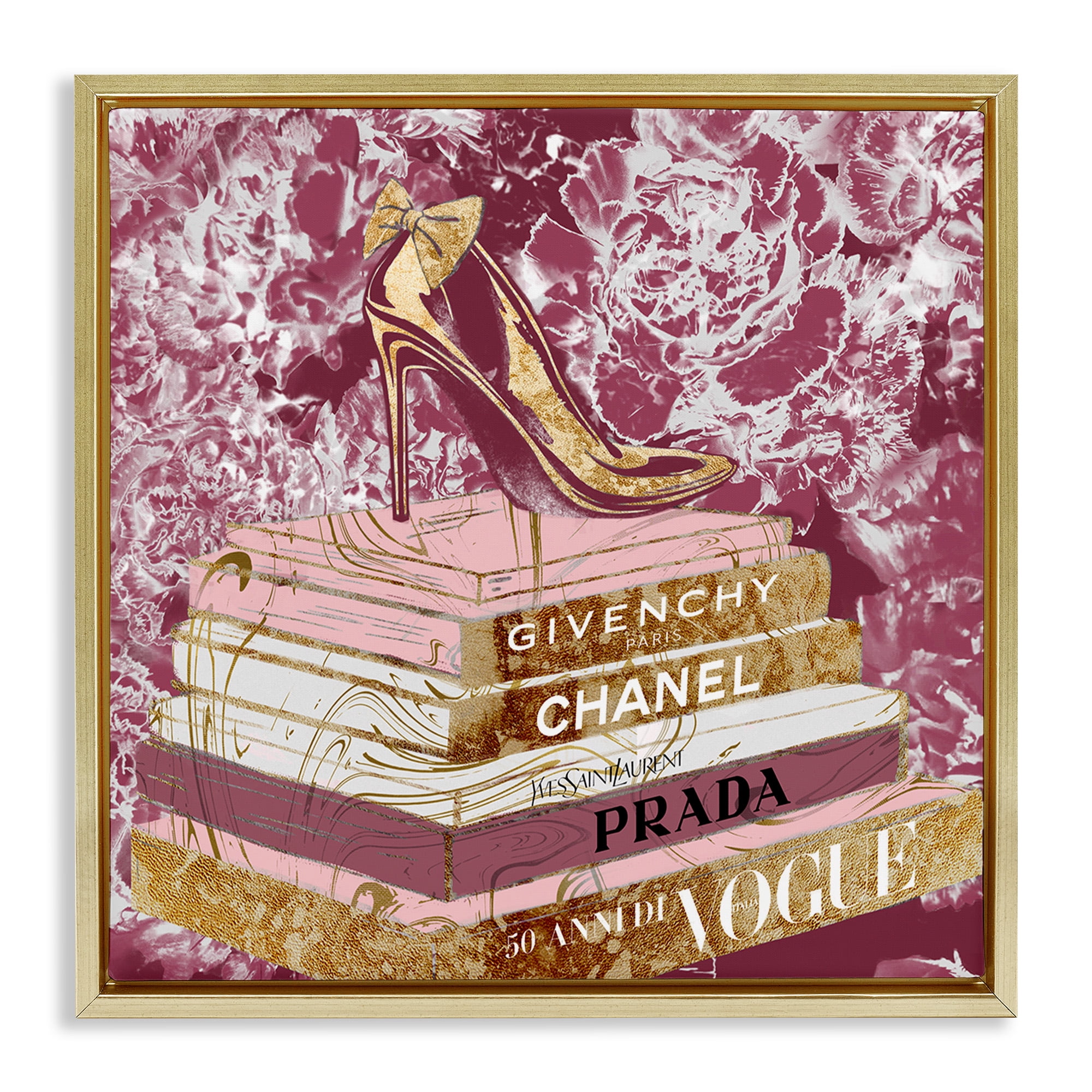 Stupell Industries Pink Glitz Heel on Bookstack Beauty & Fashion Painting Gold Floater Framed Canvas Art Print Wall Art, 25 x 25