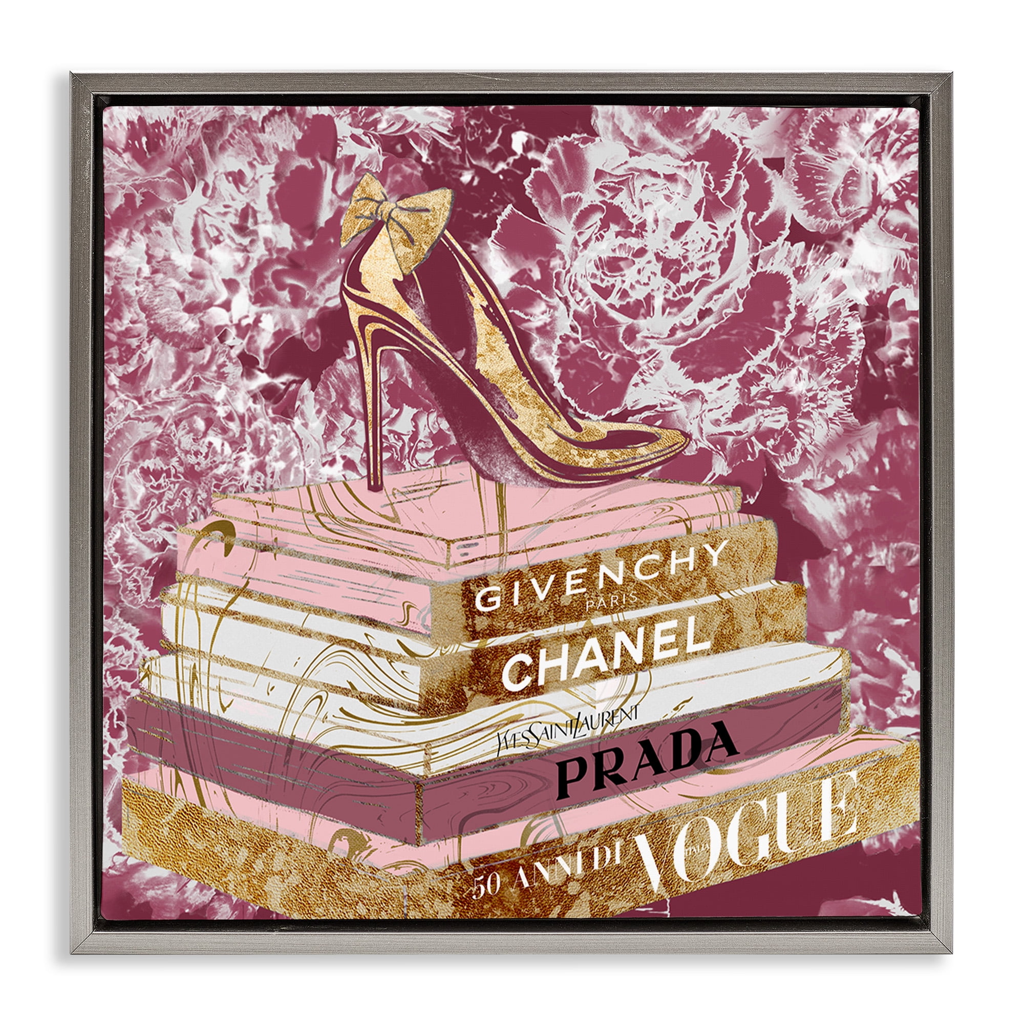 Stupell Industries Pink Glitz Heel on Bookstack Beauty & Fashion Painting Gray Floater Framed Canvas Art Print Wall Art, 25 x 25