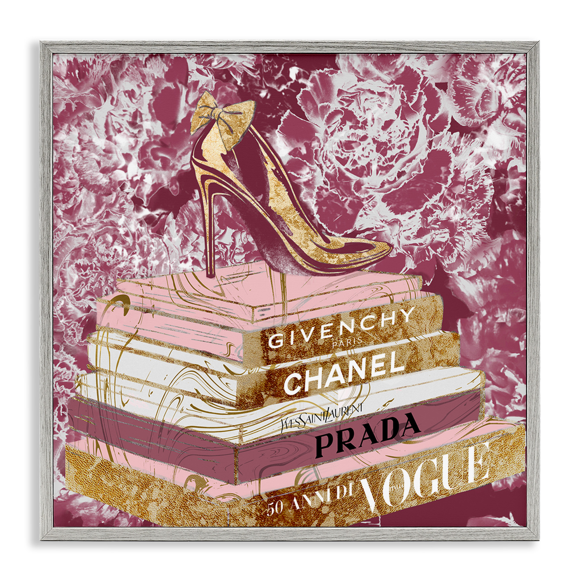 Stupell Industries Pink Glitz Heel on Bookstack Beauty & Fashion Painting Gray Framed Art Print Wall Art, 24 x 24