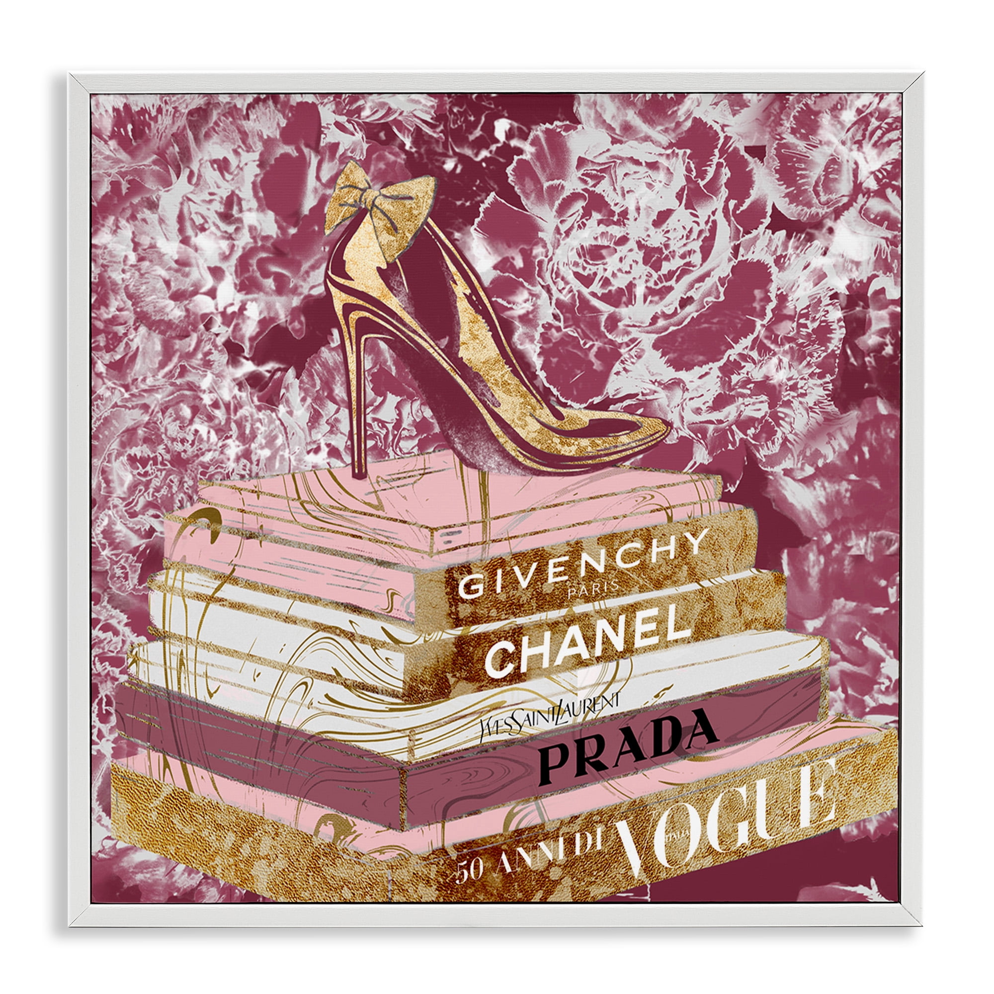 Stupell Industries Pink Glitz Heel on Bookstack Beauty & Fashion Painting White Framed Art Print Wall Art, 12 x 12