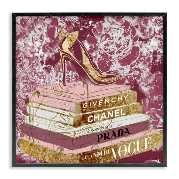 Stupell Industries Pink Glitz Heel on Designer Books Fashion Glam Floral Framed Wall Art Design by Ziwei Li, 12" x 12", Black Framed
