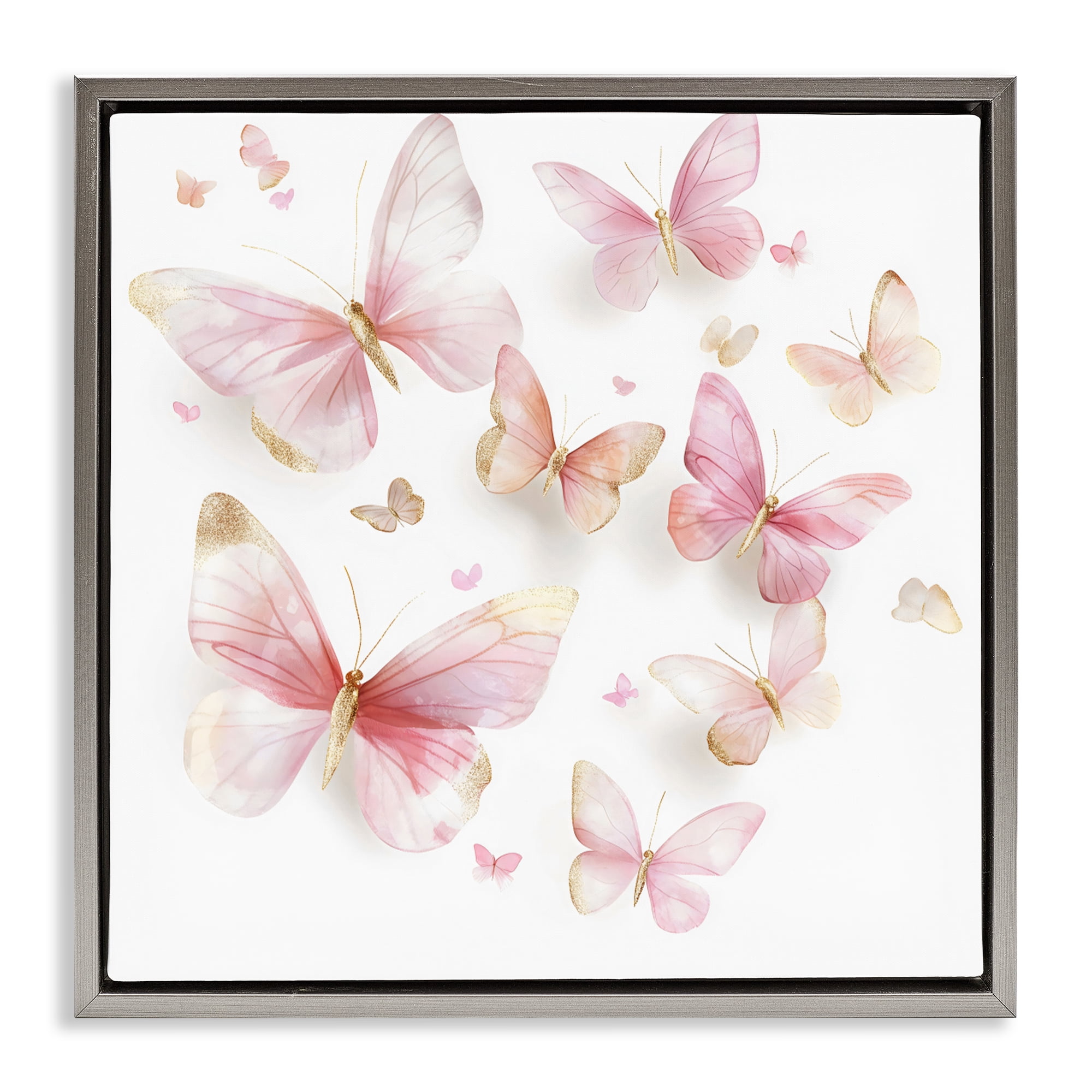 Stupell Industries Pink & Gold Butterfly Rabble Gray Framed Floater Canvas Wall Art, design by Creative Studio