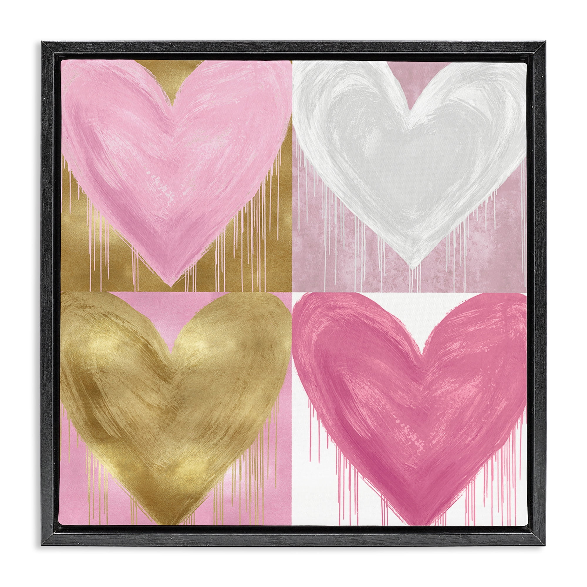 Stupell Industries Pink & Gold Glam Hearts Art for Kids Painting Black Floater Framed Canvas Art Print Wall Art, 18 x 18