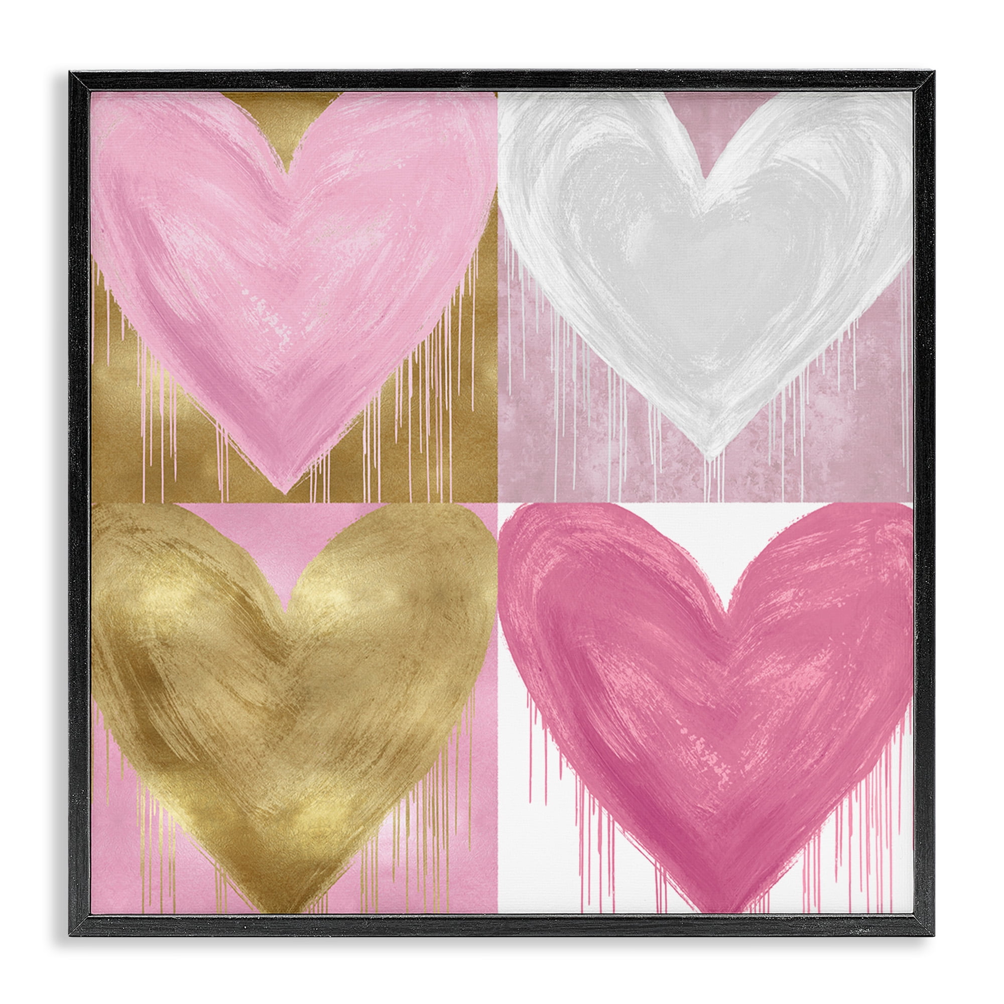 Stupell Industries Pink & Gold Glam Hearts Art for Kids Painting Black Framed Art Print Wall Art, 17 x 17