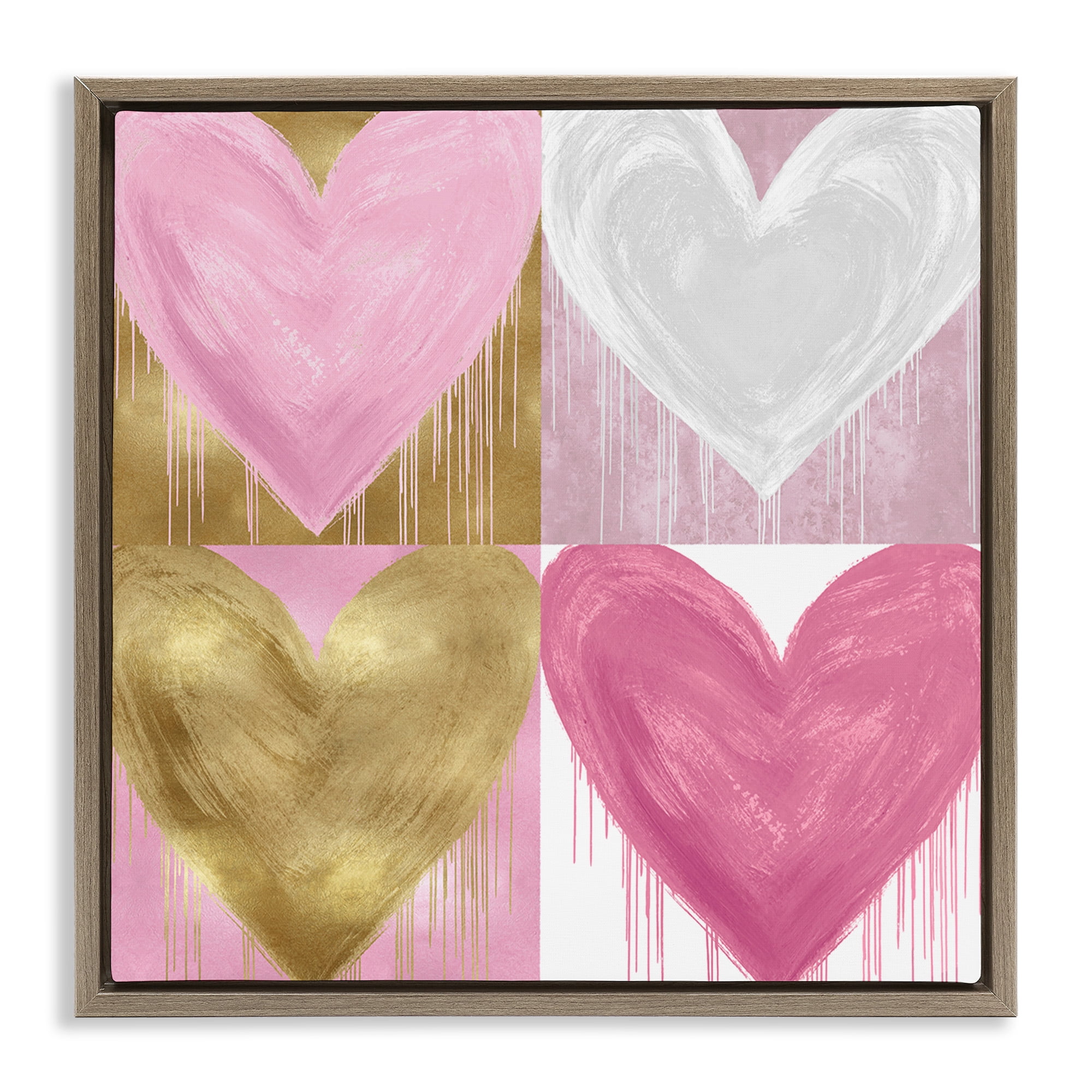 Stupell Industries Pink & Gold Glam Hearts Art for Kids Painting Brown Floater Framed Canvas Art Print Wall Art, 18 x 18