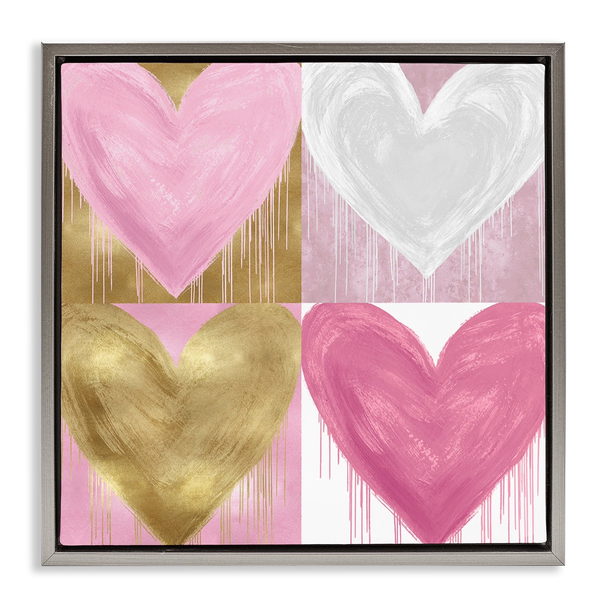 Stupell Industries Pink & Gold Glam Hearts Art for Kids Painting Gray Floater Framed Canvas Art Print Wall Art, 18 x 18