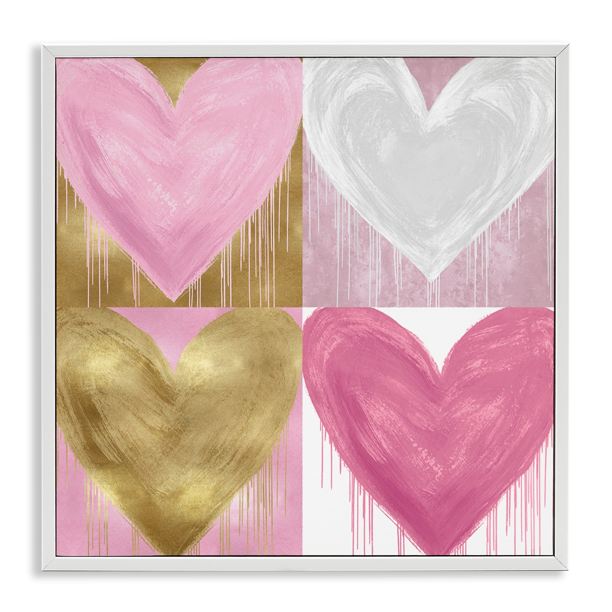 Stupell Industries Pink & Gold Glam Hearts Art for Kids Painting White Framed Art Print Wall Art, 17 x 17