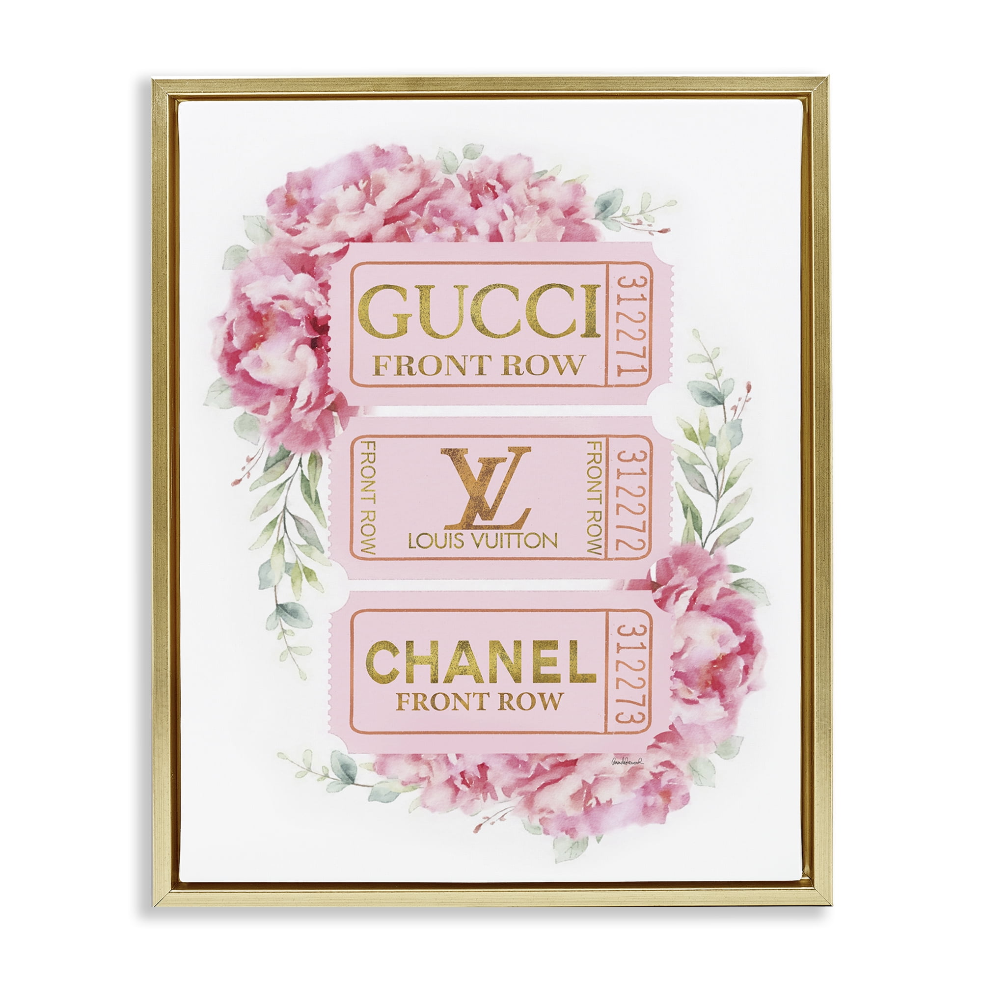 Stupell Industries Pink & Gold Glam Tickets Fashion Painting Gold Floater Framed Canvas Art Print Wall Art, 25 x 31