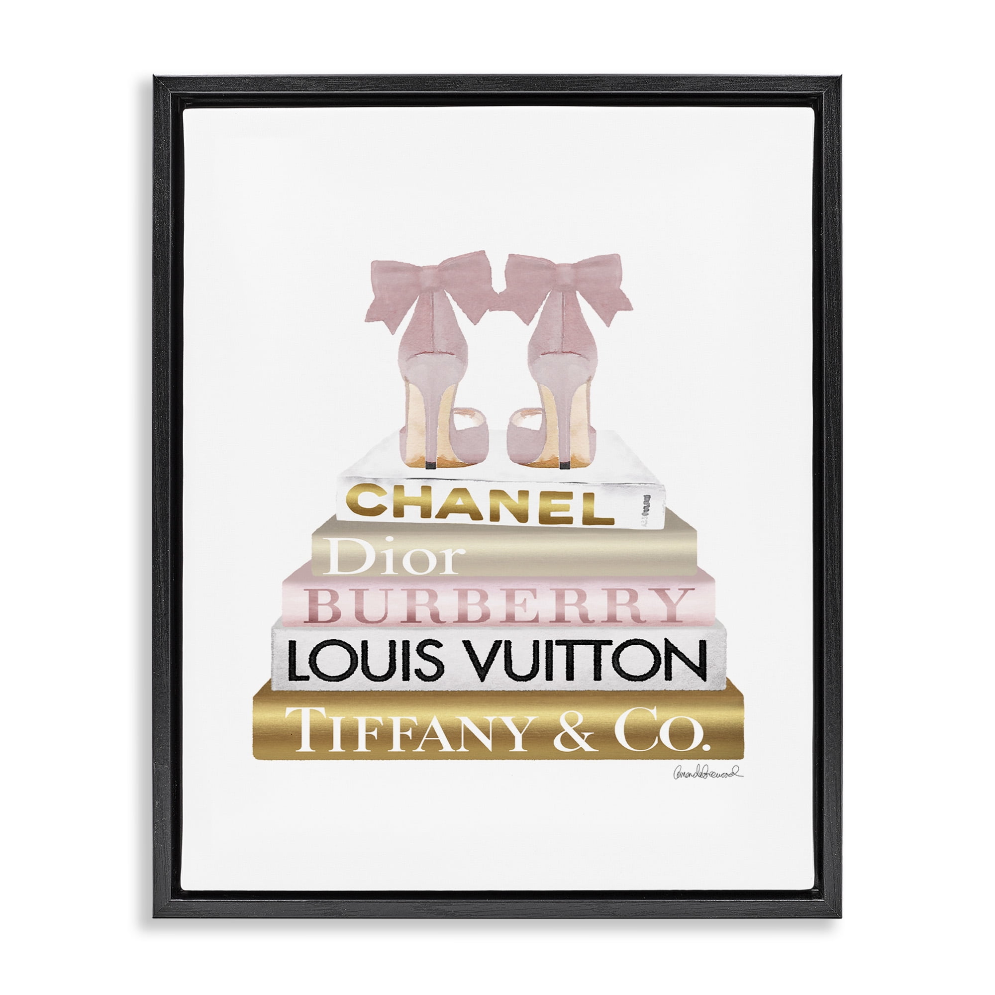 Stupell Industries Pink Gold Heels Bookstack Beauty & Fashion Painting Black Floater Framed Canvas Art Print Wall Art, 17 x 21