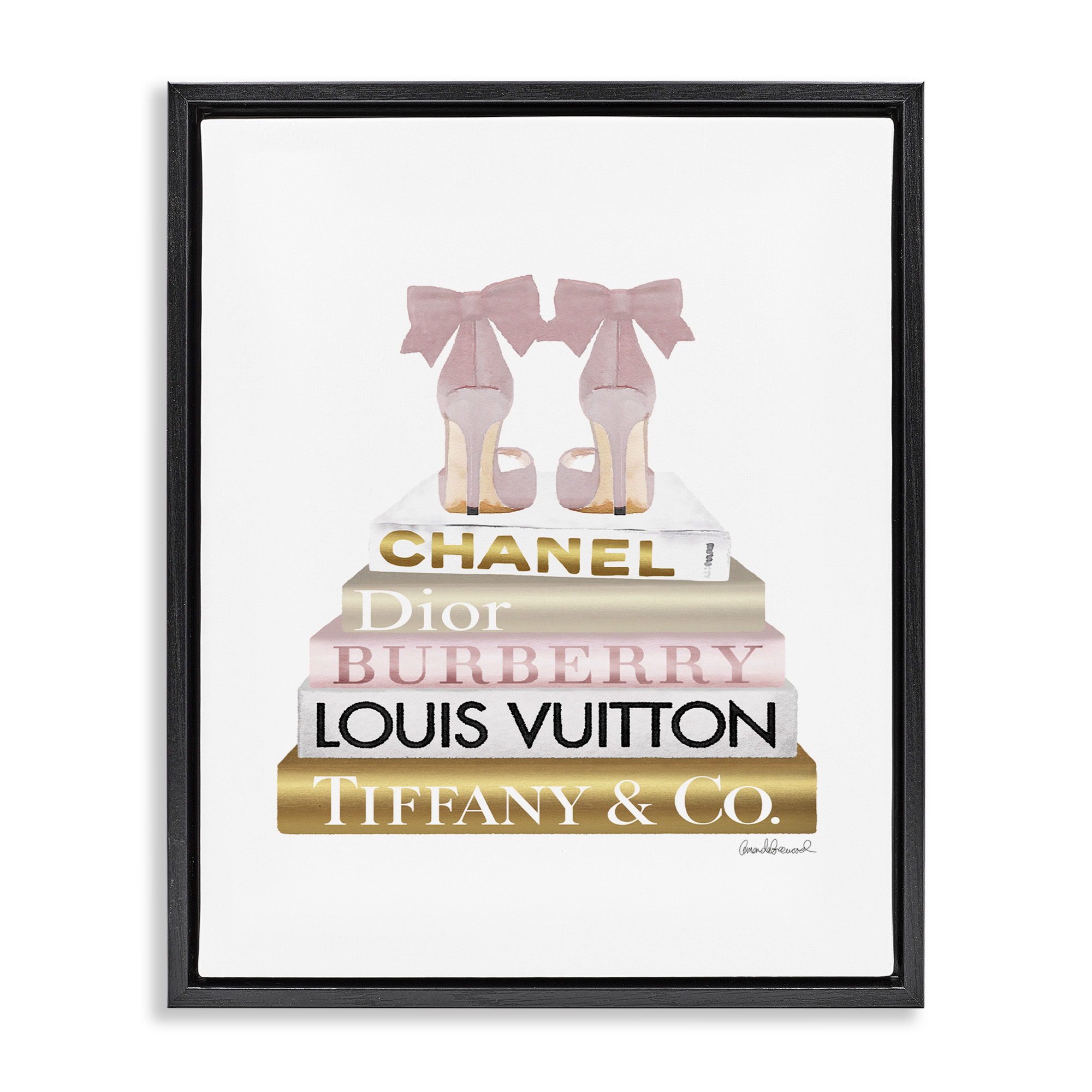 Stupell Industries Pink Gold Heels Bookstack Beauty & Fashion Painting Black Floater Framed Canvas Art Print Wall Art, 25 x 31