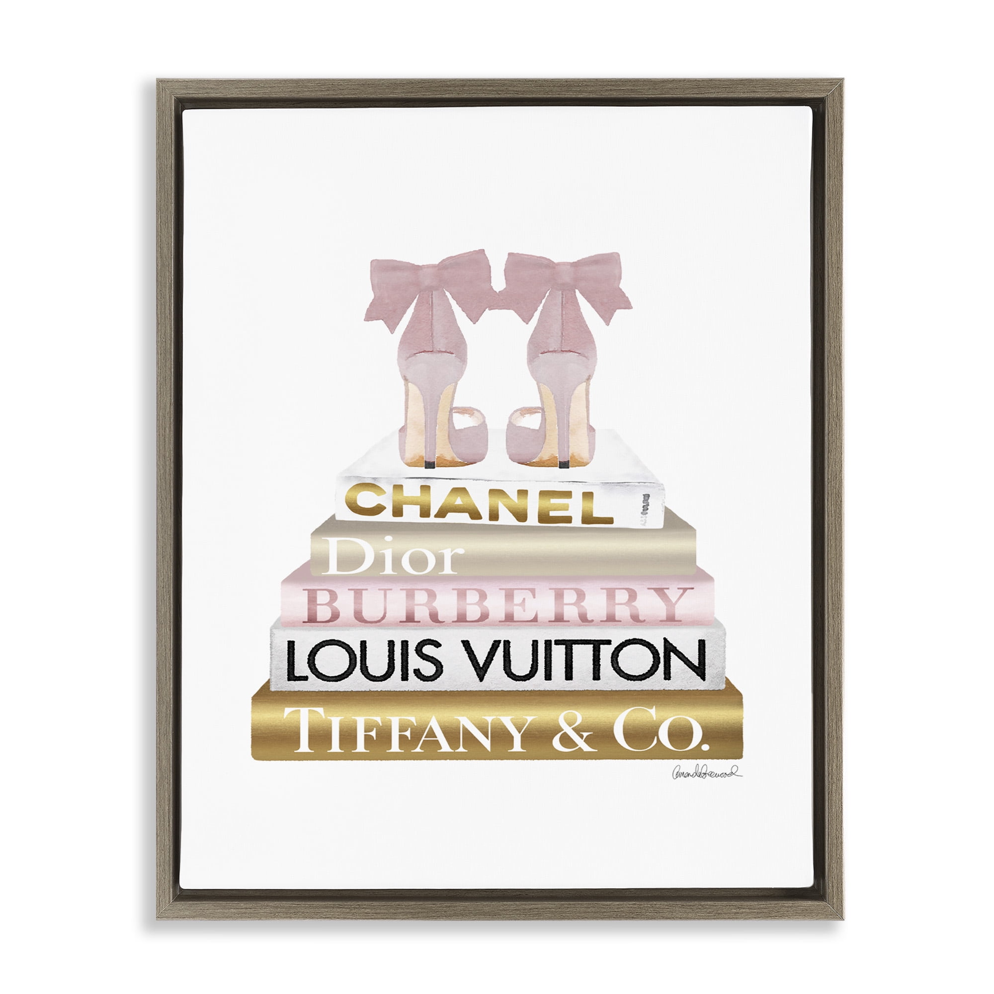 Stupell Industries Pink Gold Heels Bookstack Beauty & Fashion Painting Brown Floater Framed Canvas Art Print Wall Art, 25 x 31