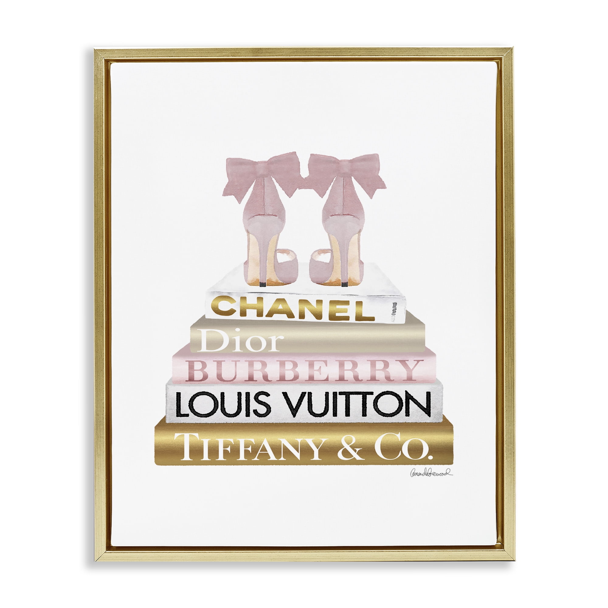 Stupell Industries Pink Gold Heels Bookstack Beauty & Fashion Painting Gold Floater Framed Canvas Art Print Wall Art, 17 x 21