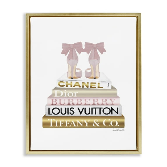 Stupell Industries Pink Gold Heels Bookstack Beauty & Fashion Painting Gold Floater Framed Canvas Art Print Wall Art, 25 x 31