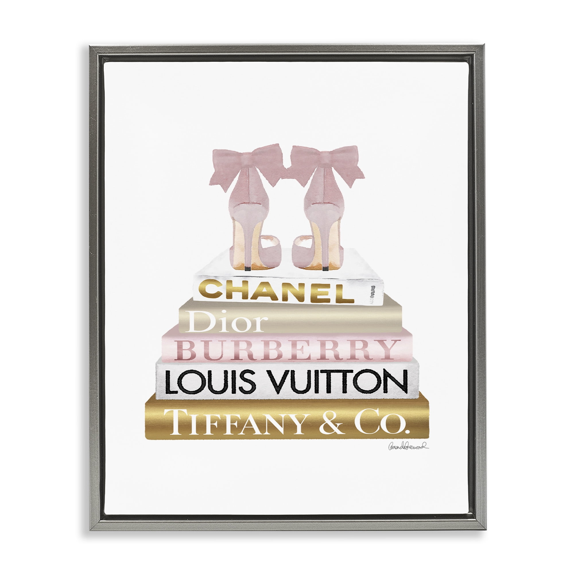 Stupell Industries Pink Gold Heels Bookstack Beauty & Fashion Painting Gray Floater Framed Canvas Art Print Wall Art, 25 x 31
