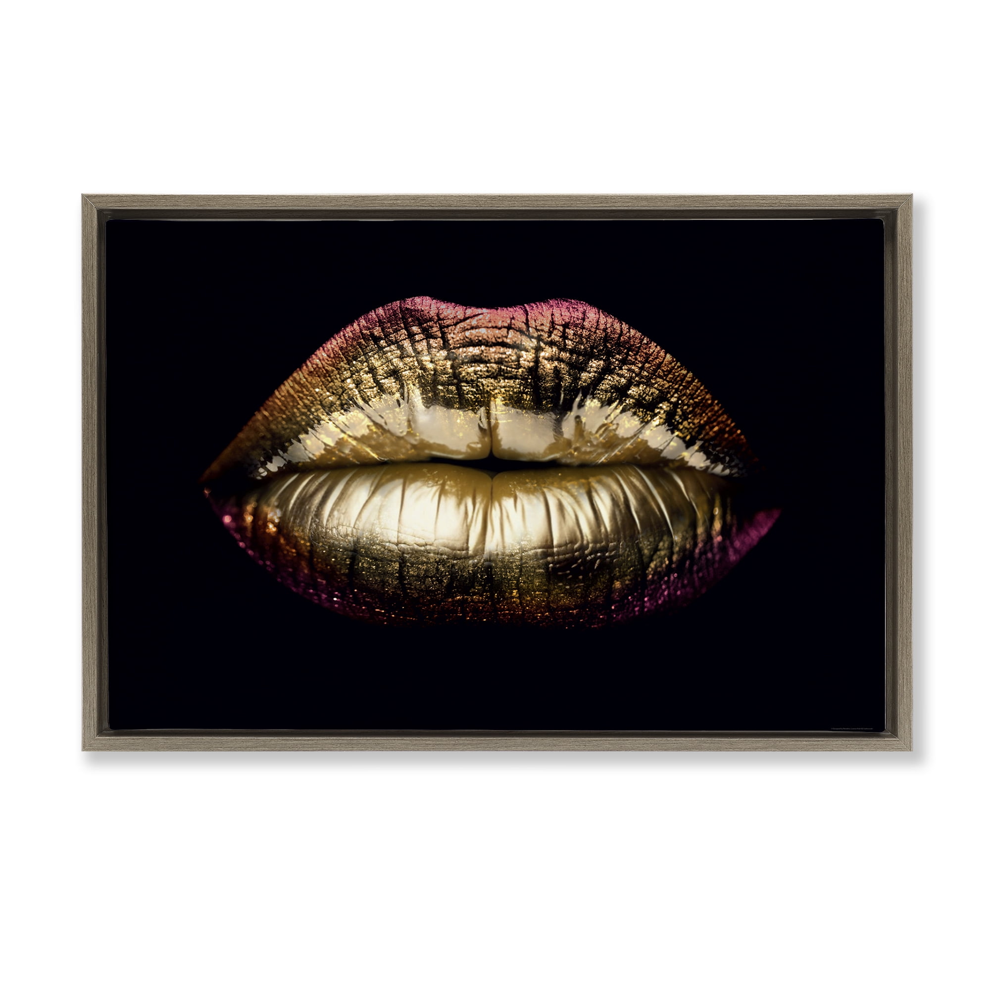 Stupell Industries Pink & Gold Lipstick Fashion Painting Brown Floater Framed Canvas Art Print Wall Art, 25 x 17