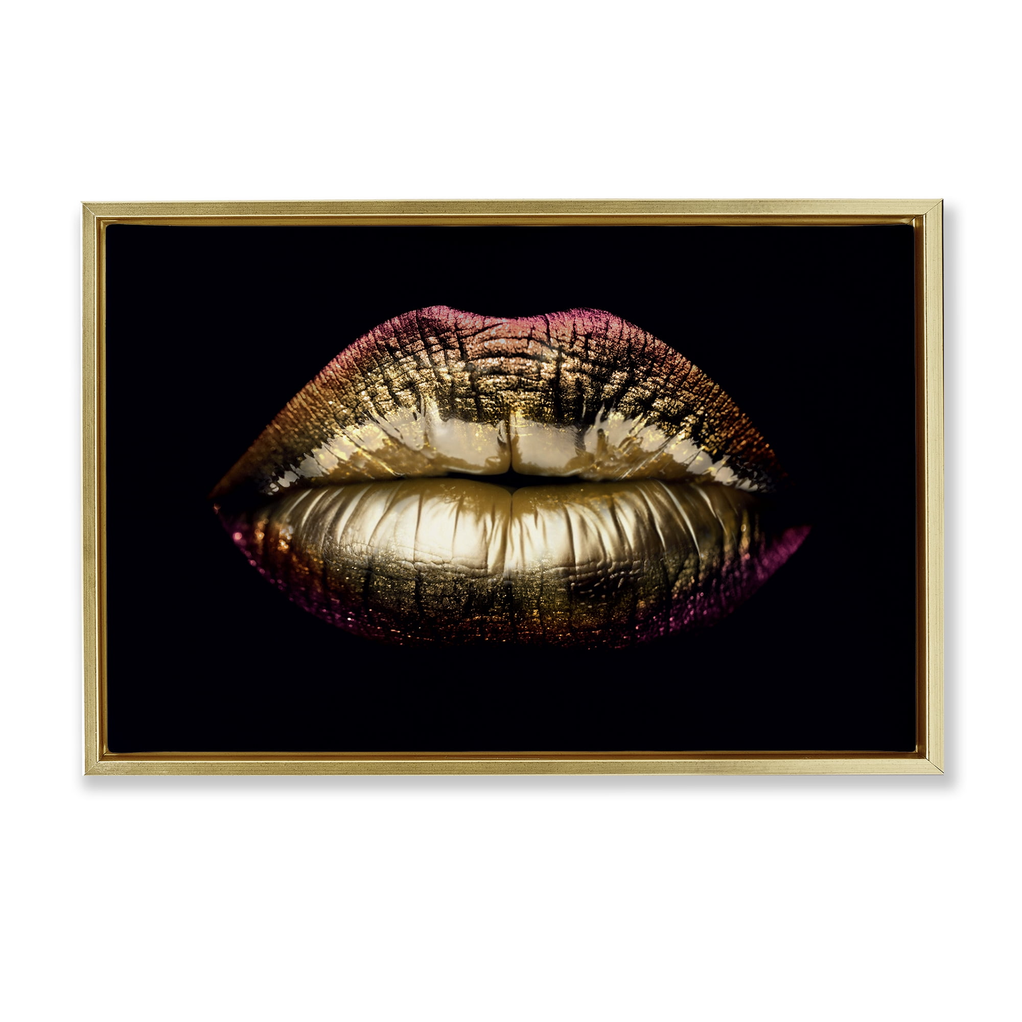 Stupell Industries Pink & Gold Lipstick Fashion Painting Gold Floater Framed Canvas Art Print Wall Art, 31 x 21