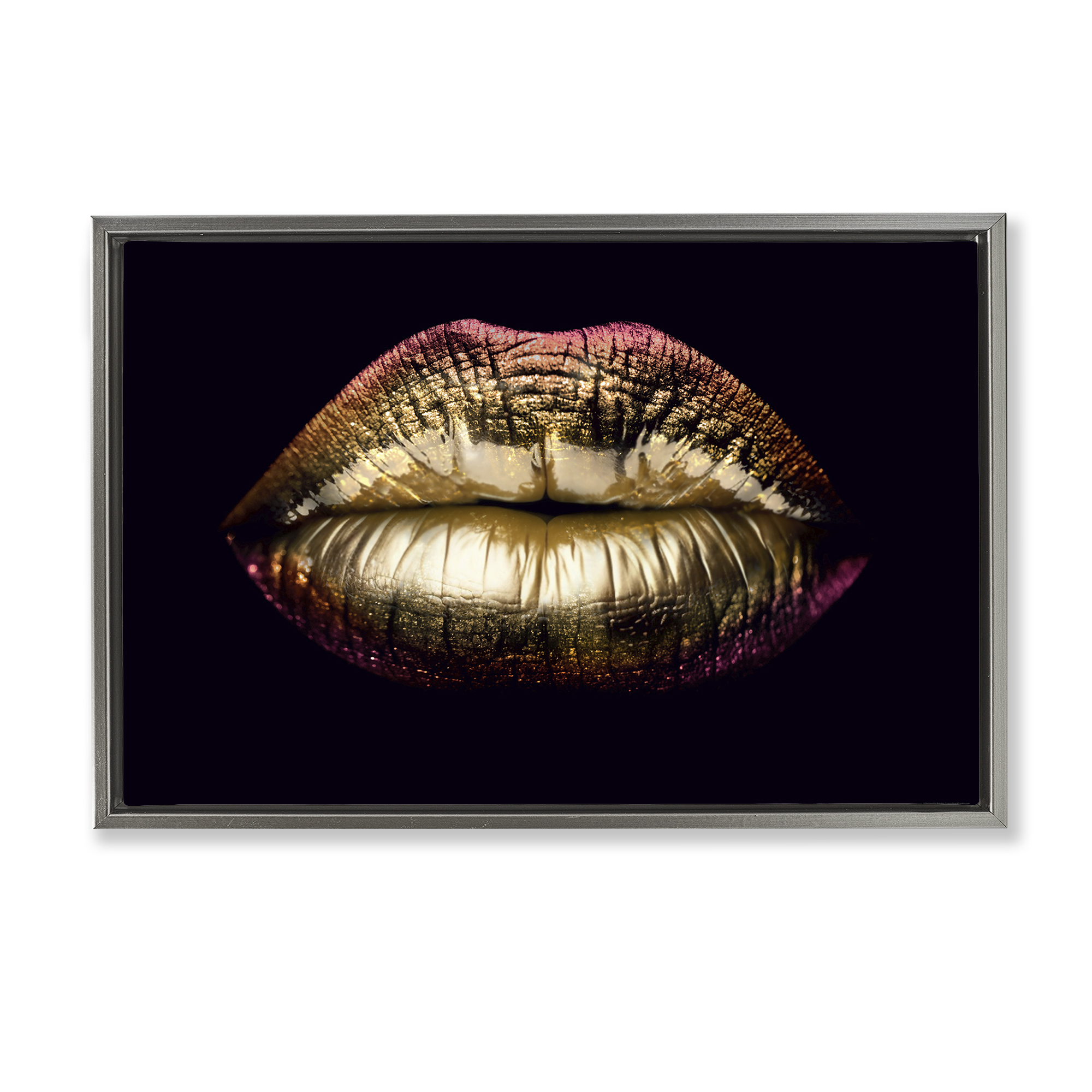 Stupell Industries Pink & Gold Lipstick Fashion Painting Gray Floater Framed Canvas Art Print Wall Art, 31 x 21