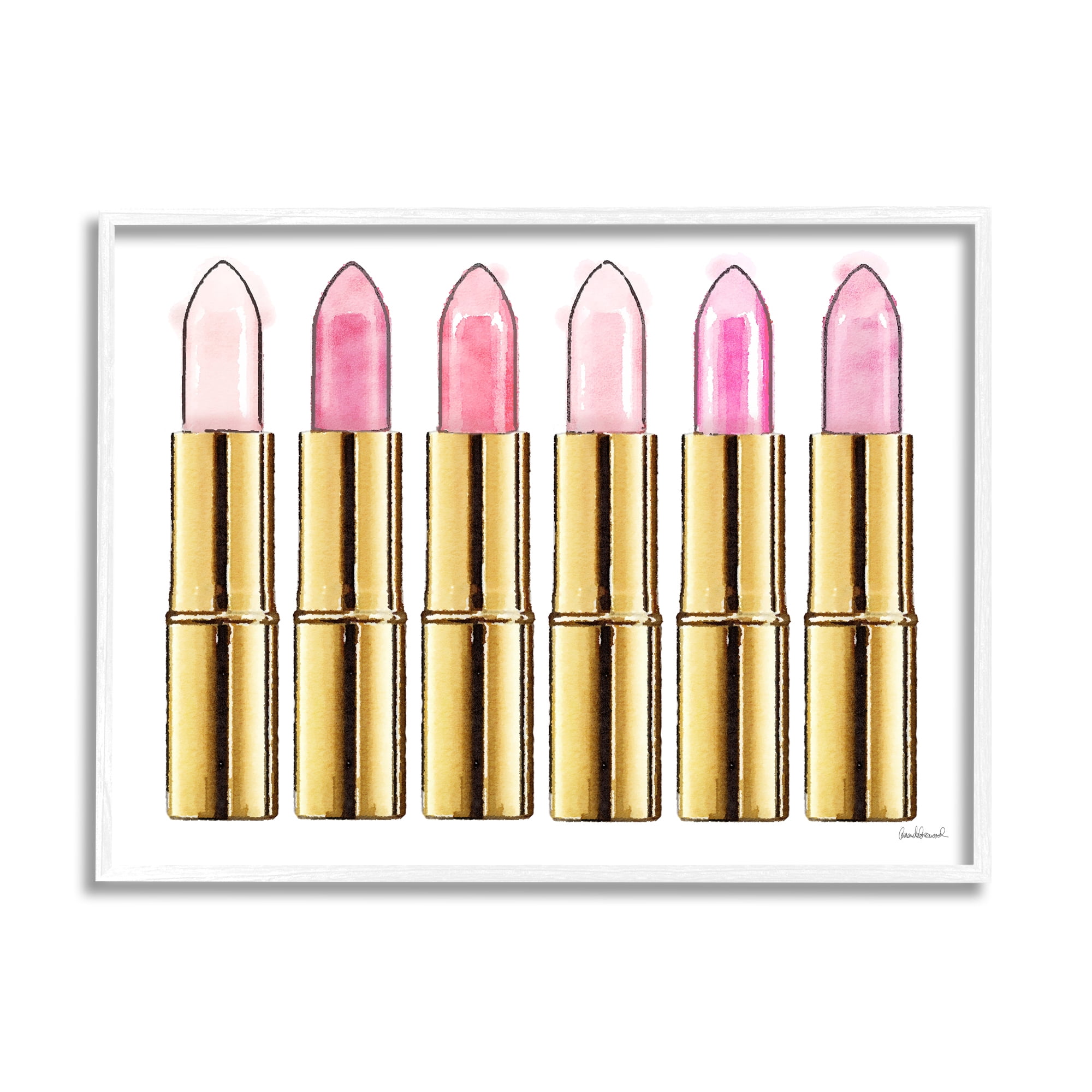 Stupell Industries Pink Gold Lipstick Glam Fashion Watercolor White Framed Art Print Wall Art, 24x30, by Amanda Greenwood