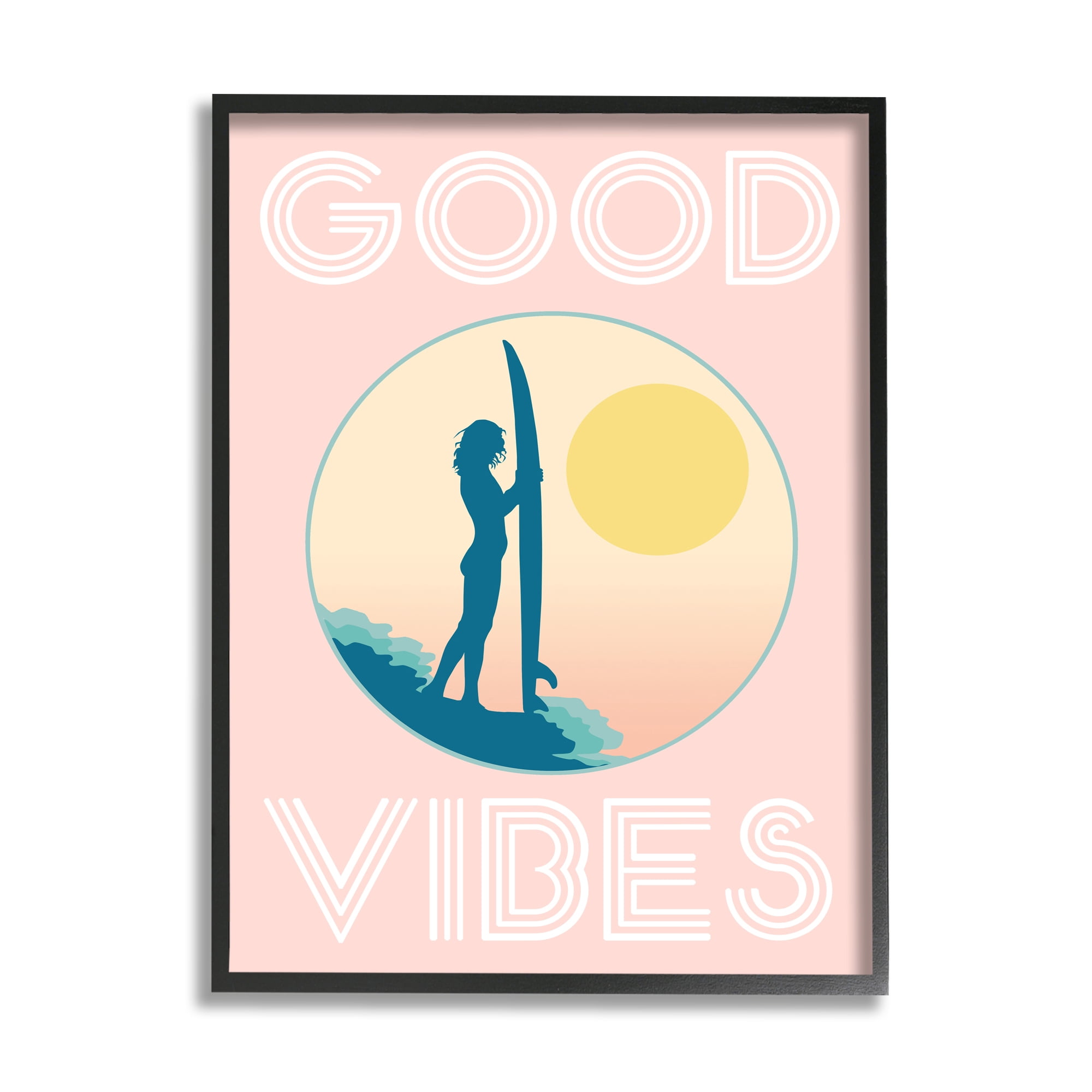 Stupell Industries Pink Good Vibes Text Surfer Chick Sunrise Black Framed by Daphne Polselli