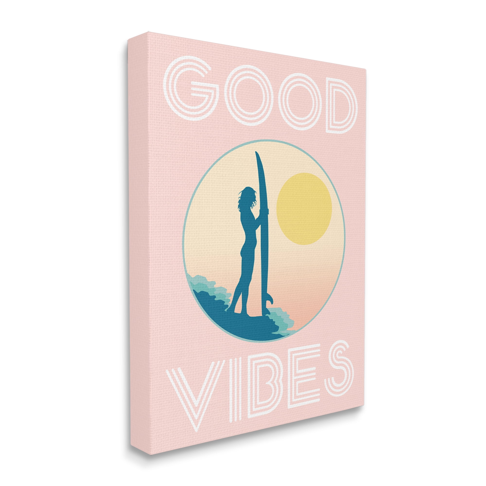 Stupell Industries Pink Good Vibes Text Surfer Chick Sunrise Canvas Wall Art by Daphne Polselli