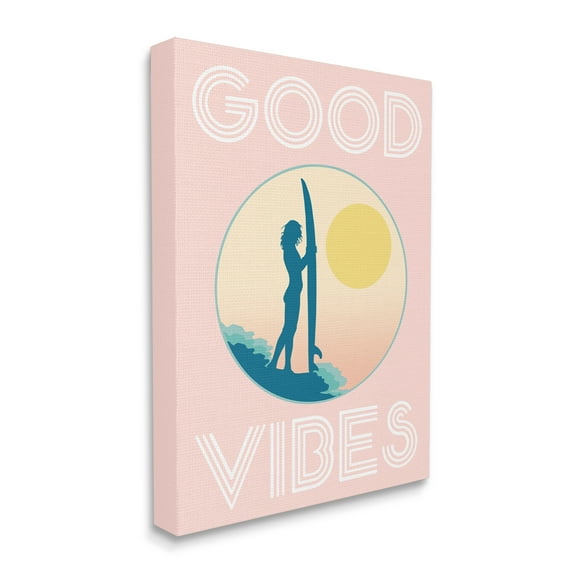 Stupell Industries Pink Good Vibes Text Surfer Chick Sunrise Canvas Wall Art by Daphne Polselli