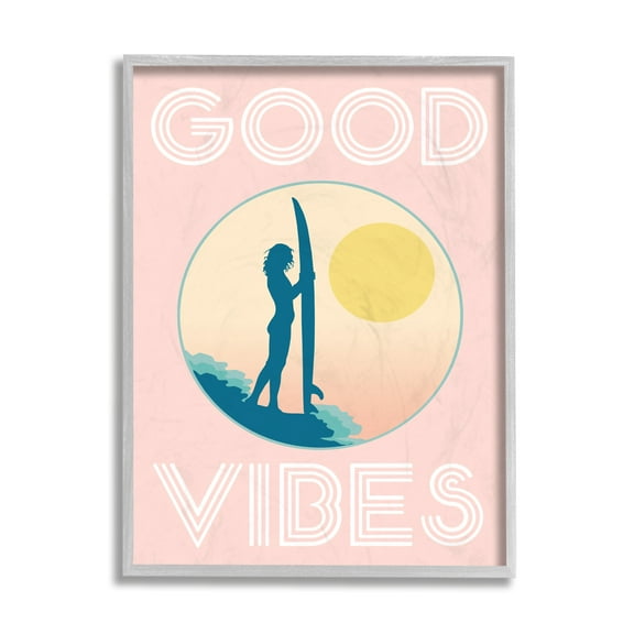 Stupell Industries Pink Good Vibes Text Surfer Chick Sunrise Gray Framed by Daphne Polselli