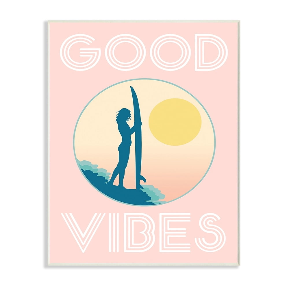 Stupell Industries Pink Good Vibes Text Surfer Chick Sunrise Wall Plaque by Daphne Polselli