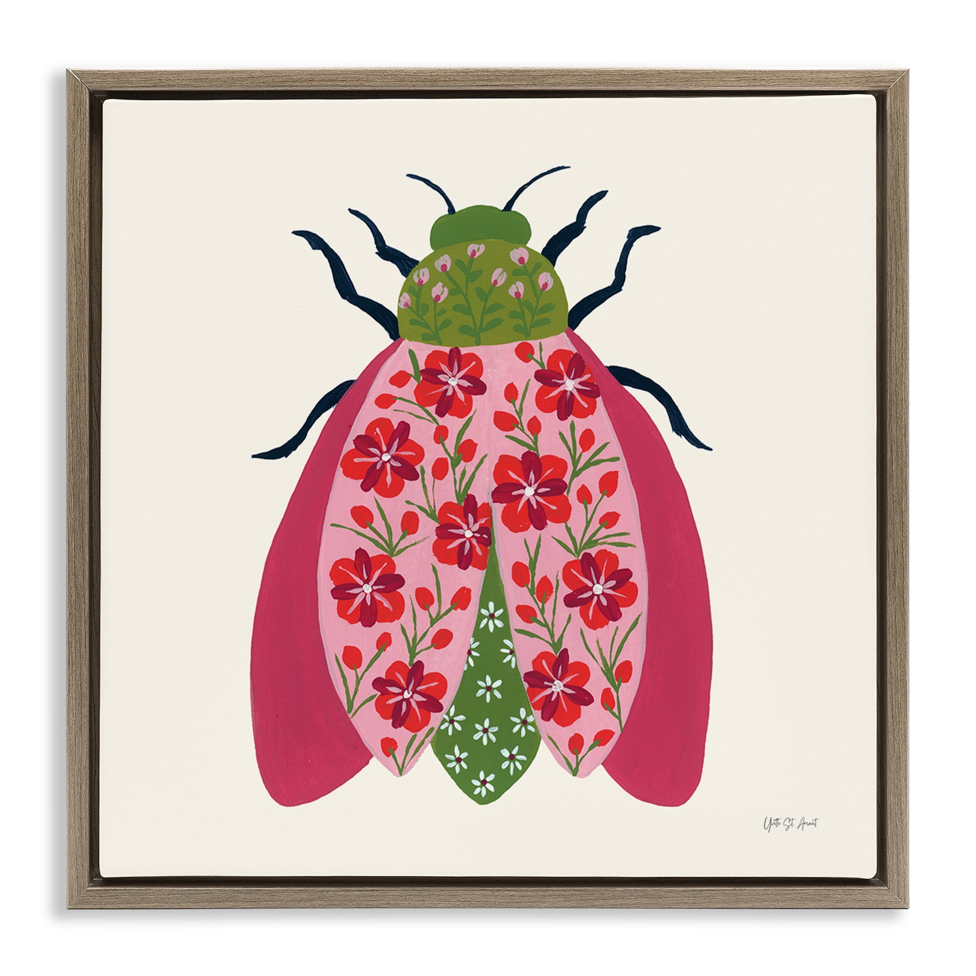 Stupell Industries Pink & Green Blooming Beetle Insects Painting Brown Floater Framed Canvas Art Print Wall Art, 18 x 18