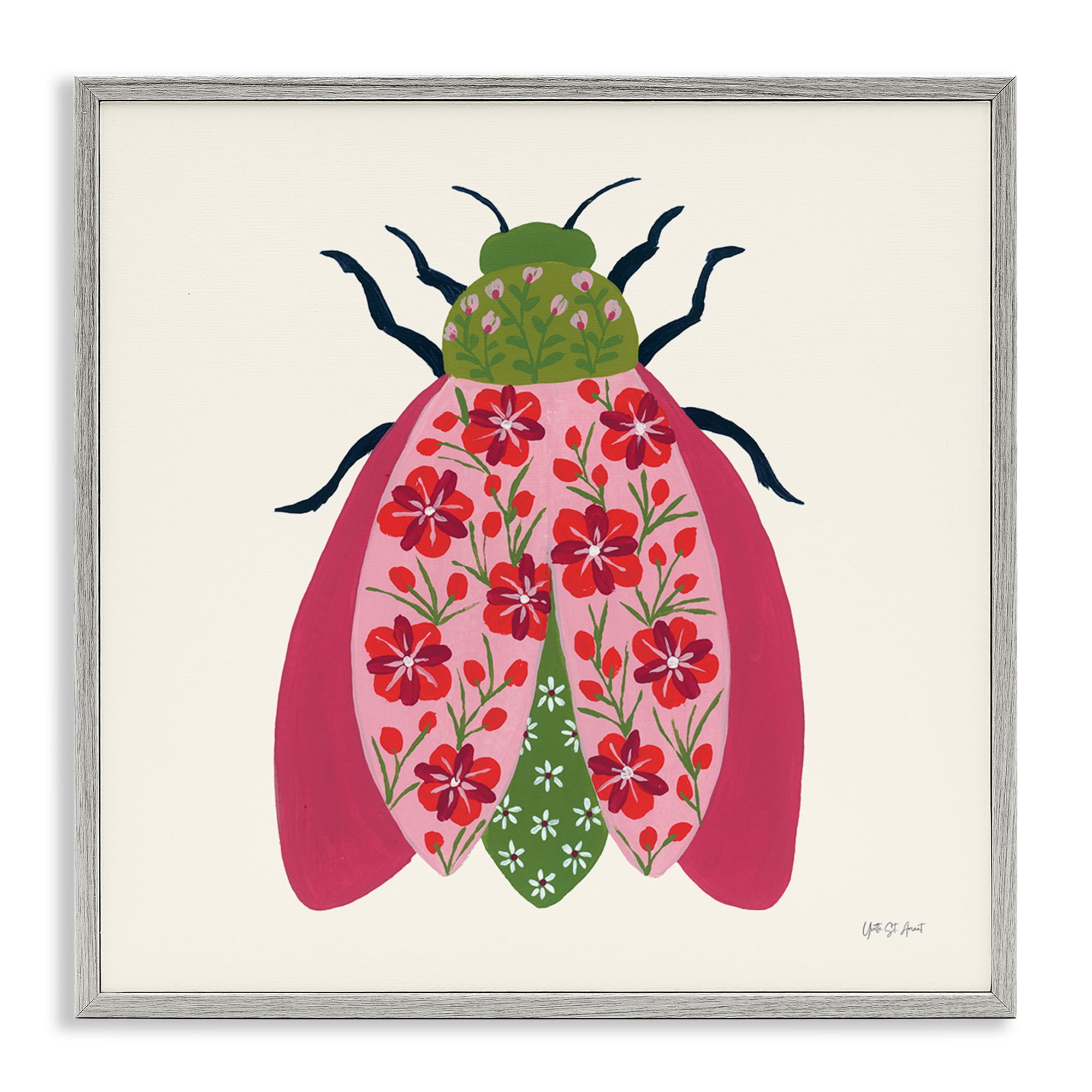 Stupell Industries Pink & Green Blooming Beetle Insects Painting Gray Framed Art Print Wall Art, 24 x 24