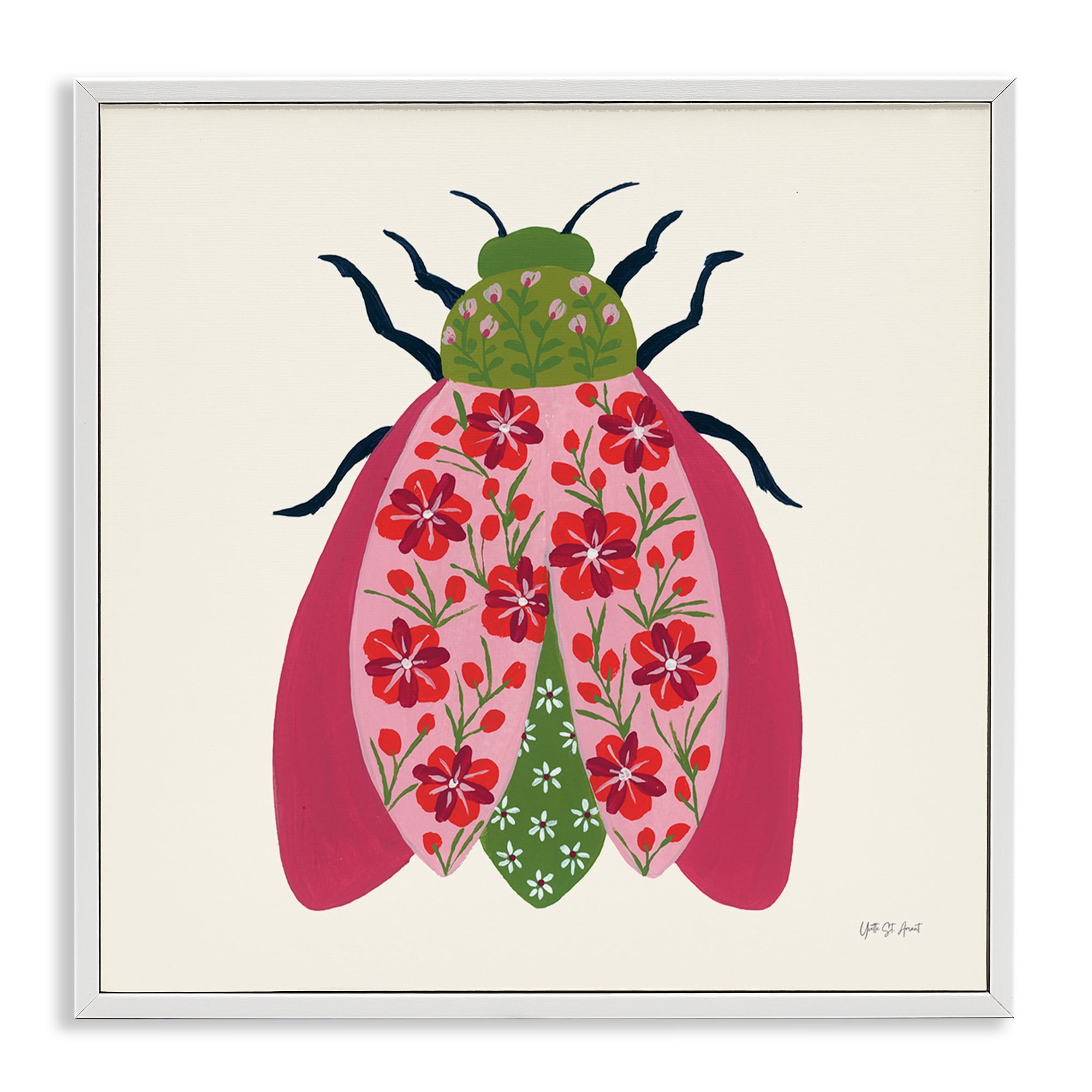 Stupell Industries Pink & Green Blooming Beetle Insects Painting White Framed Art Print Wall Art, 24 x 24