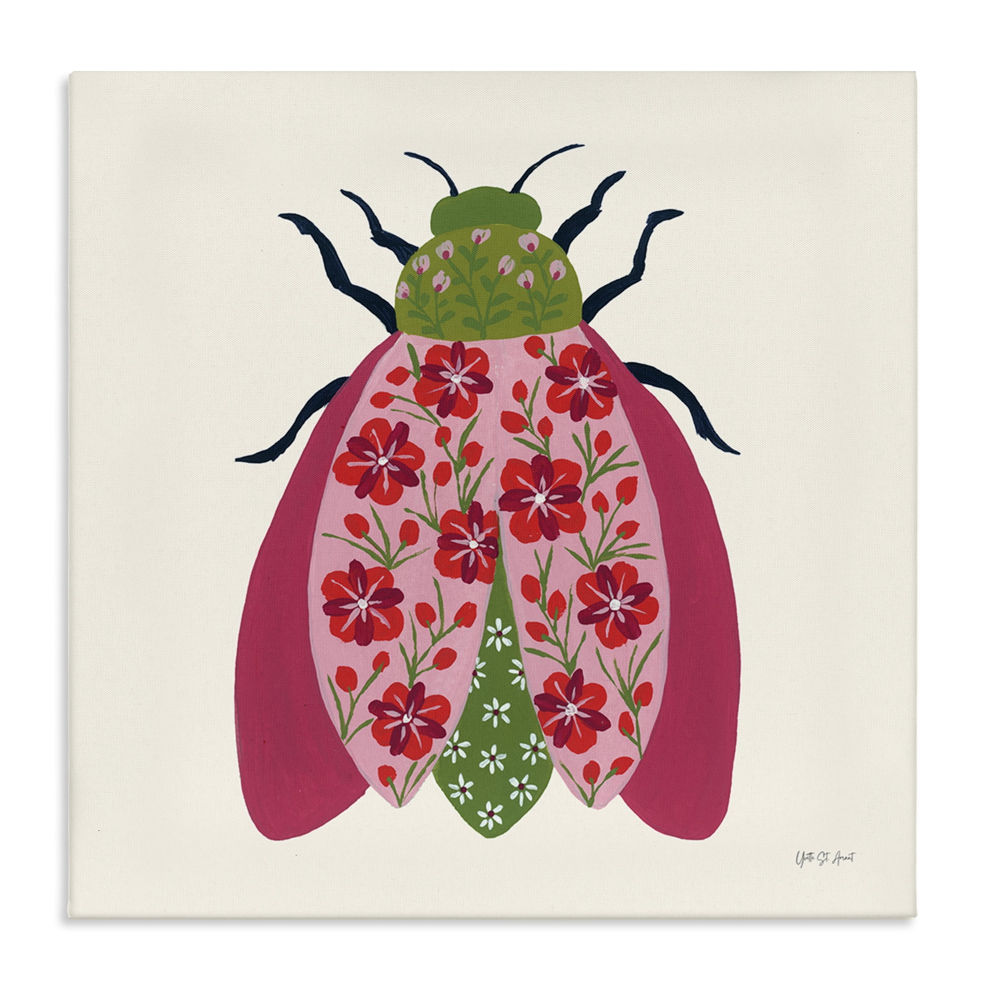 Stupell Industries Pink & Green Blooming Beetle Insects Painting Wrapped Canvas Art Print Wall Art, 17 x 17