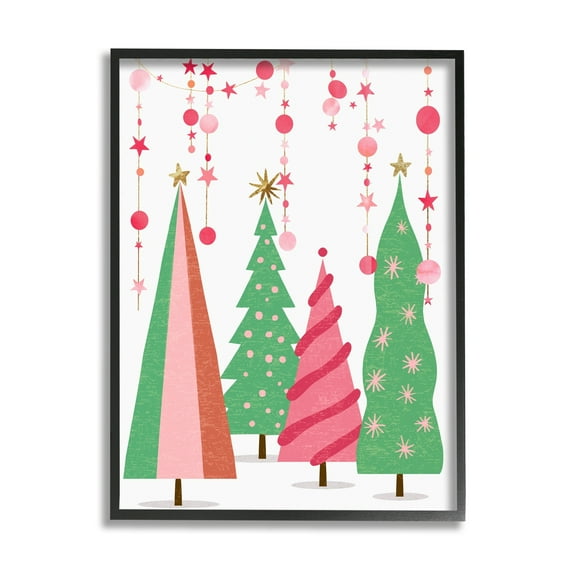 Stupell Industries Pink & Green Christmas Trees Holiday Painting Black Framed Art Print Wall Art