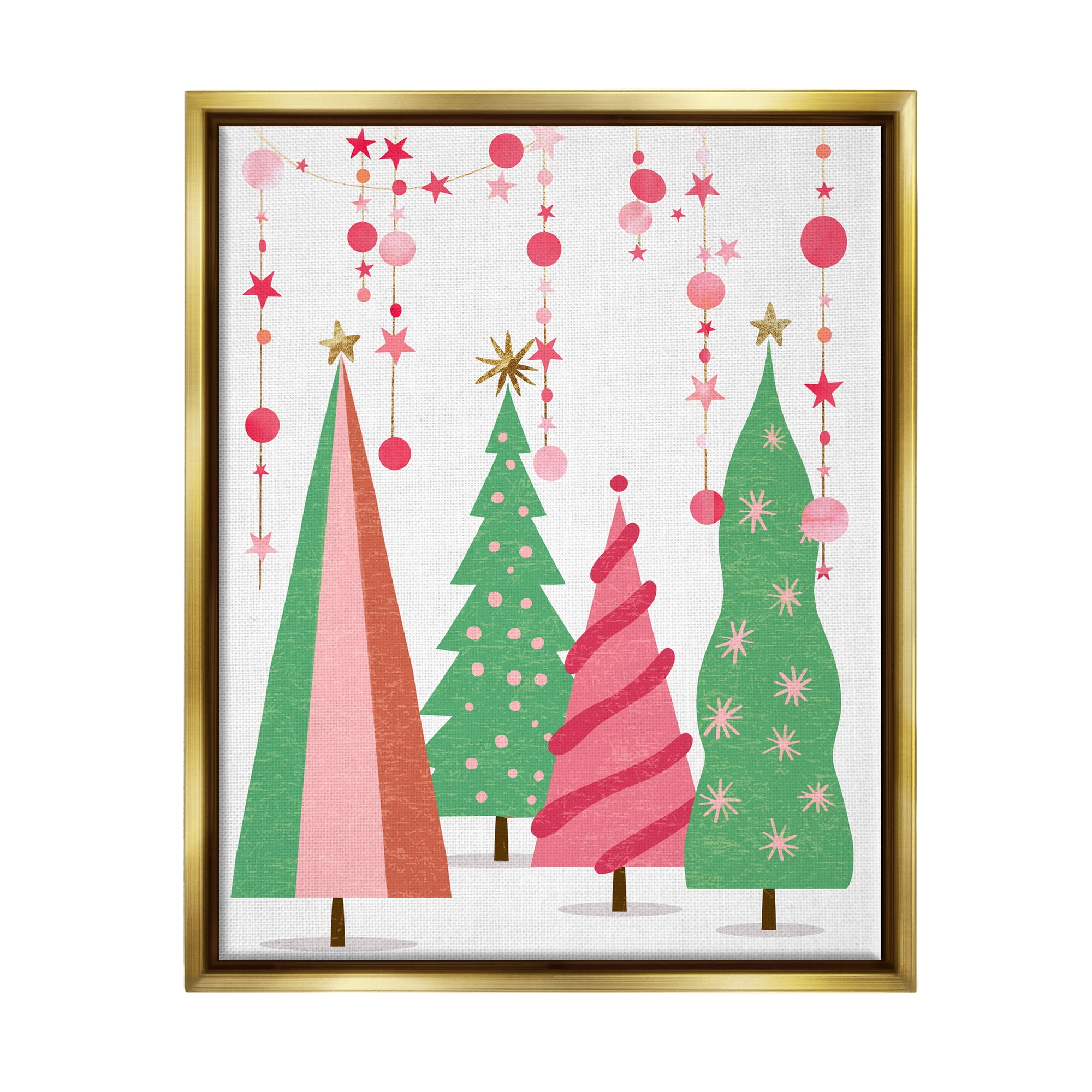 Stupell Industries Pink & Green Christmas Trees Holiday Painting Gold Floater Framed Art Print Wall Art