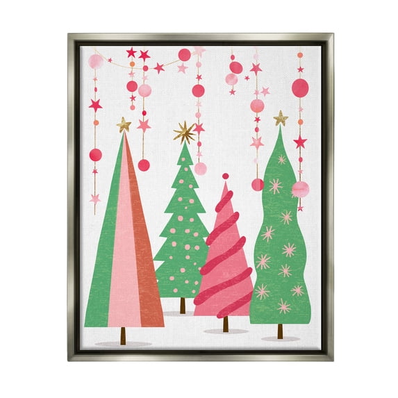 Stupell Industries Pink & Green Christmas Trees Holiday Painting Gray Floater Framed Art Print Wall Art
