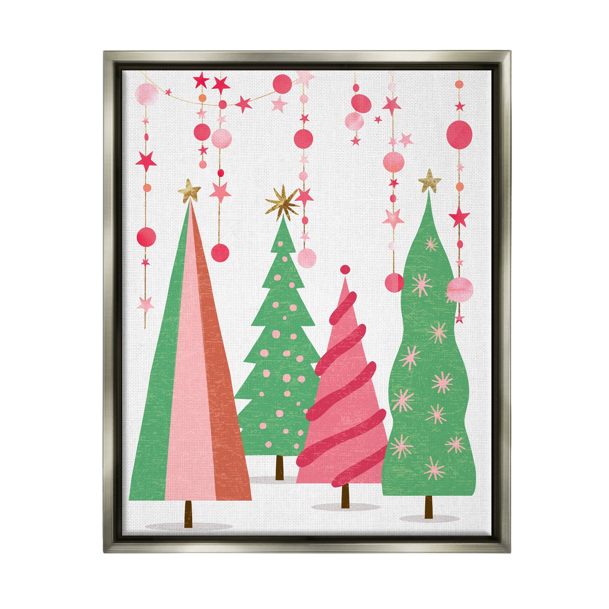 Stupell Industries Pink & Green Christmas Trees Holiday Painting Gray Floater Framed Art Print Wall Art