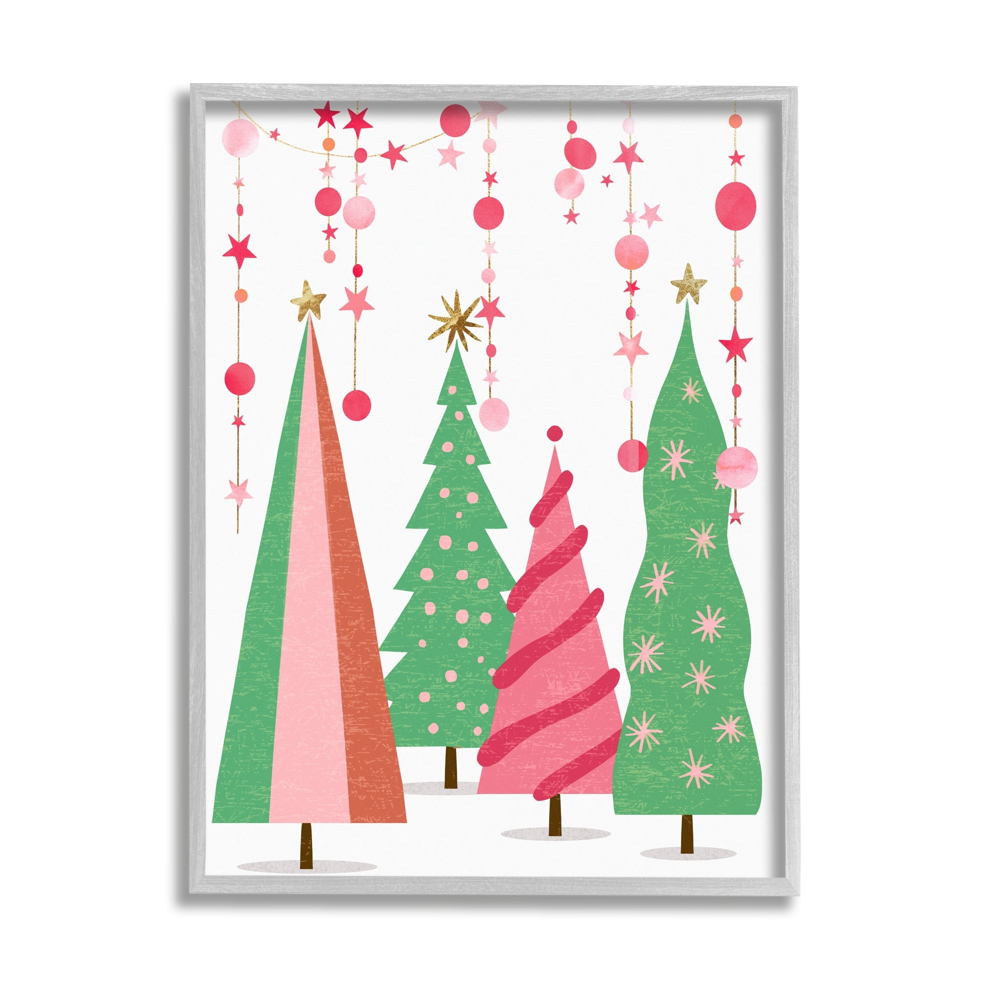 Stupell Industries Pink & Green Christmas Trees Holiday Painting Gray Framed Art Print Wall Art