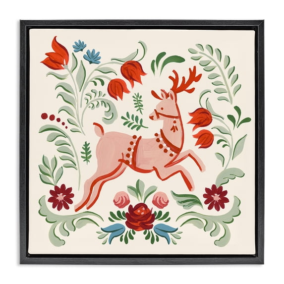 Stupell Industries Bohemian Pink & Green Floral Reindeer Black Floating Frame Canvas Art, 25 x 25, by Victoria Barnes