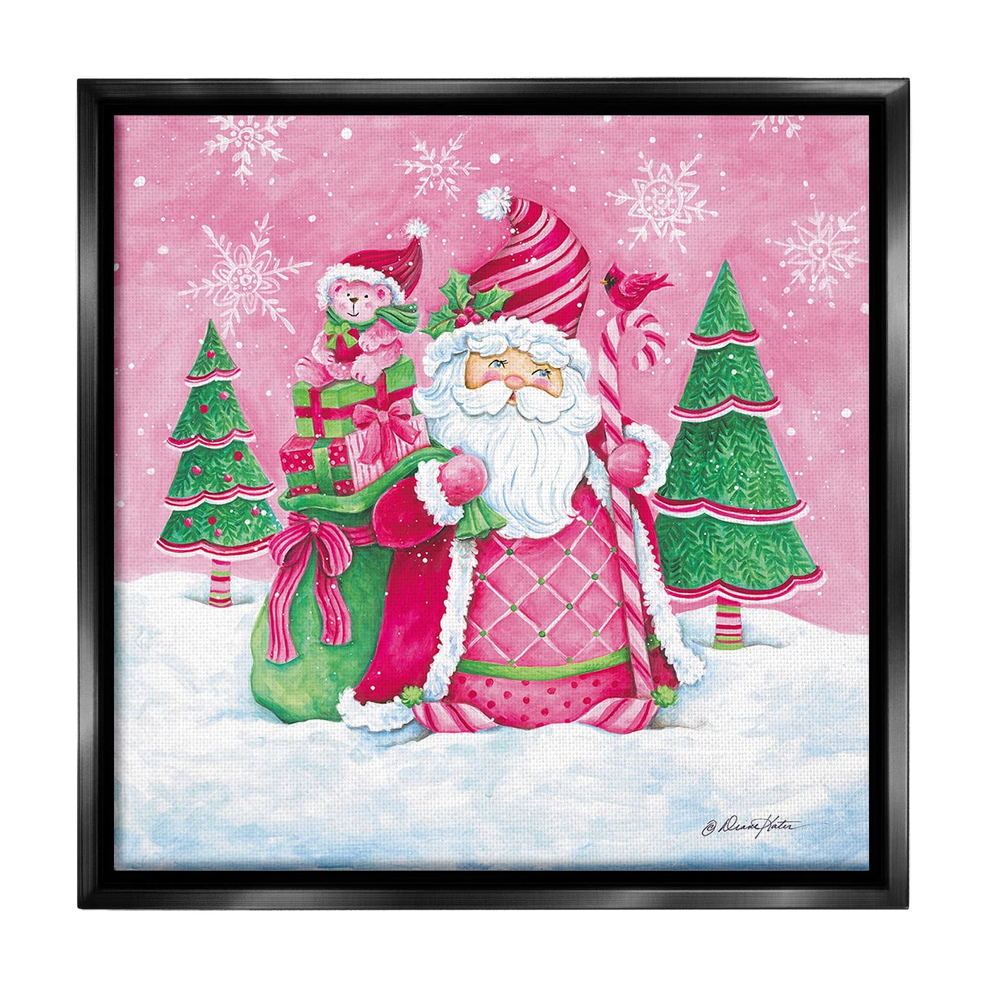 Stupell Industries Pink & Green Santa Scene Holiday Painting Black Floater Framed Canvas Art Print Wall Art, 25 x 25