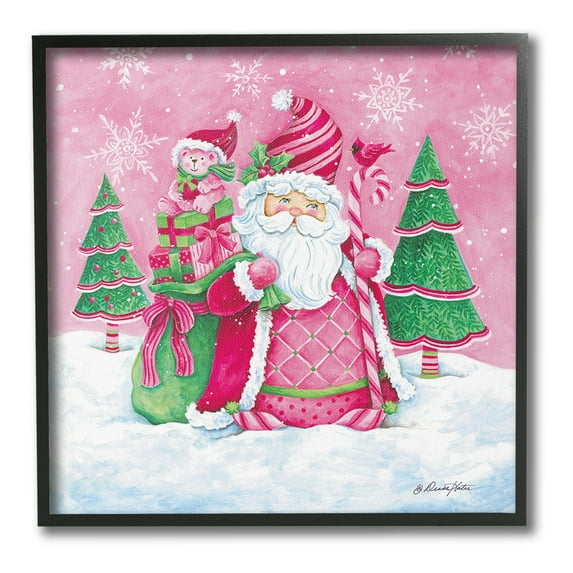 Stupell Industries Pink & Green Santa Scene Holiday Painting Black Framed Art Print Wall Art, 17 x 17