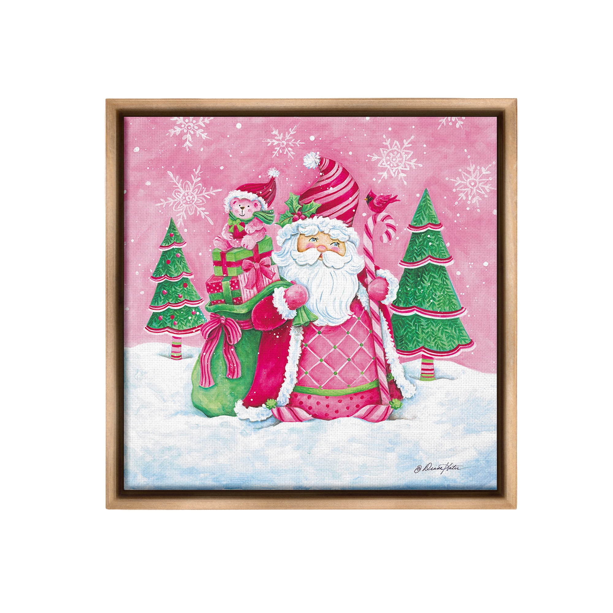 Stupell Industries Pink & Green Santa Scene Holiday Painting Brown Floater Framed Canvas Art Print Wall Art, 25 x 25