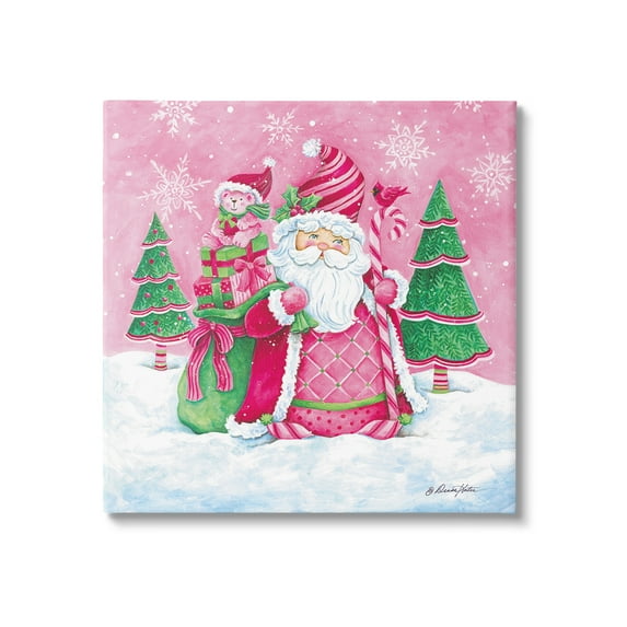 Stupell Industries Pink & Green Santa Scene Holiday Painting Gallery Wrapped Canvas Art Print Wall Art, 17 x 17