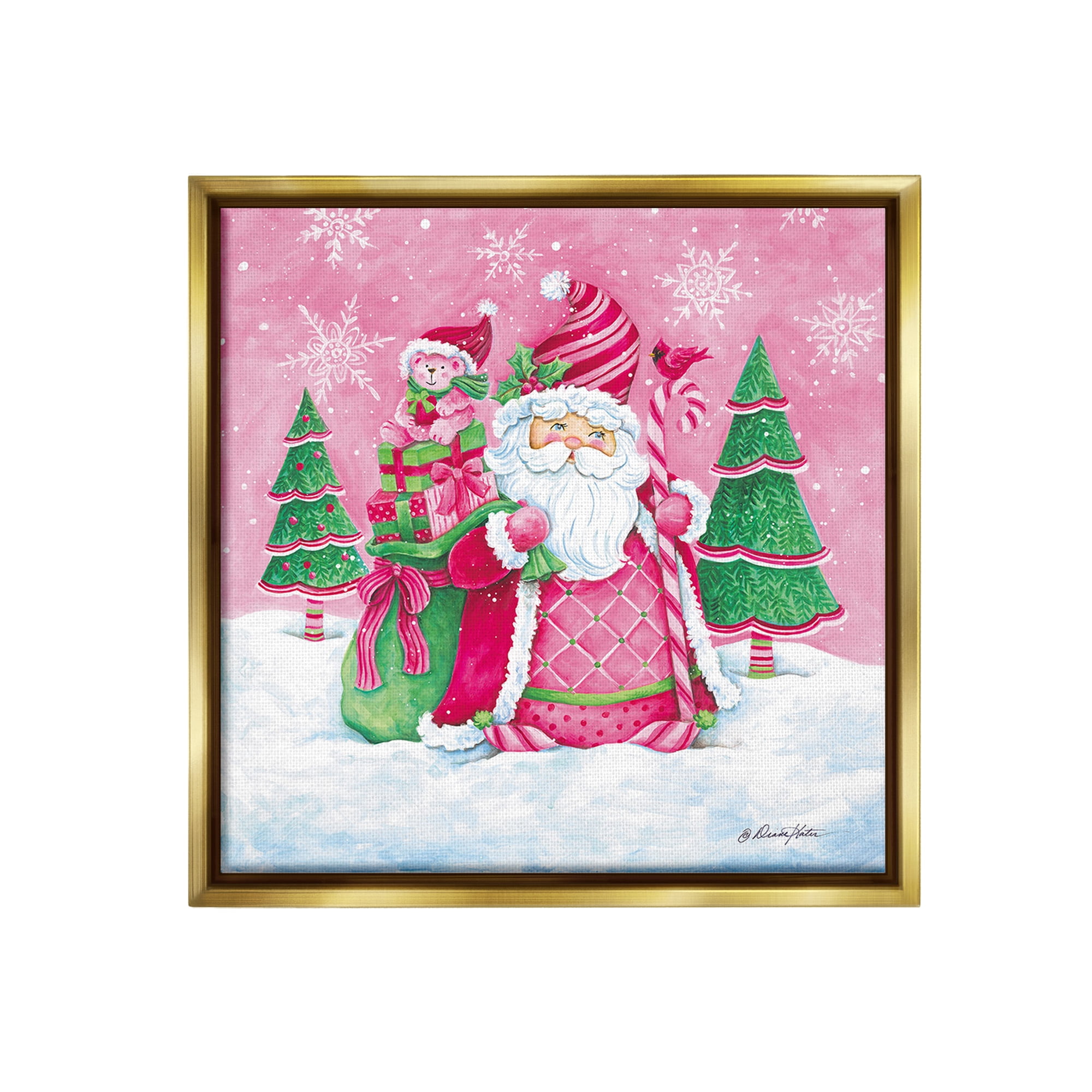 Stupell Industries Pink & Green Santa Scene Holiday Painting Gold Floater Framed Canvas Art Print Wall Art, 25 x 25