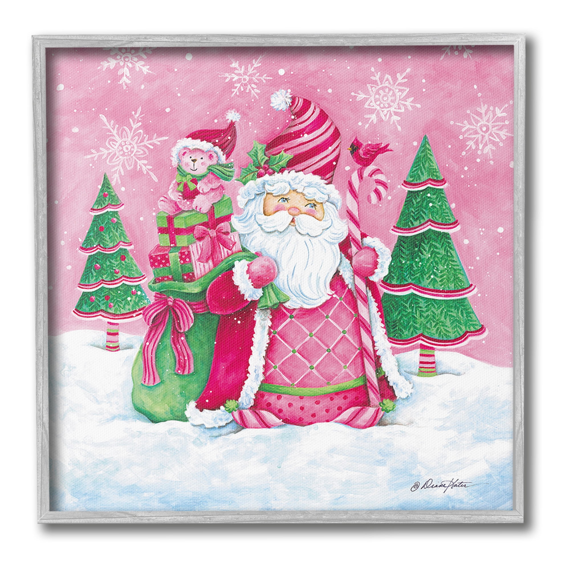 Stupell Industries Pink & Green Santa Scene Holiday Painting Gray Framed Art Print Wall Art, 17 x 17