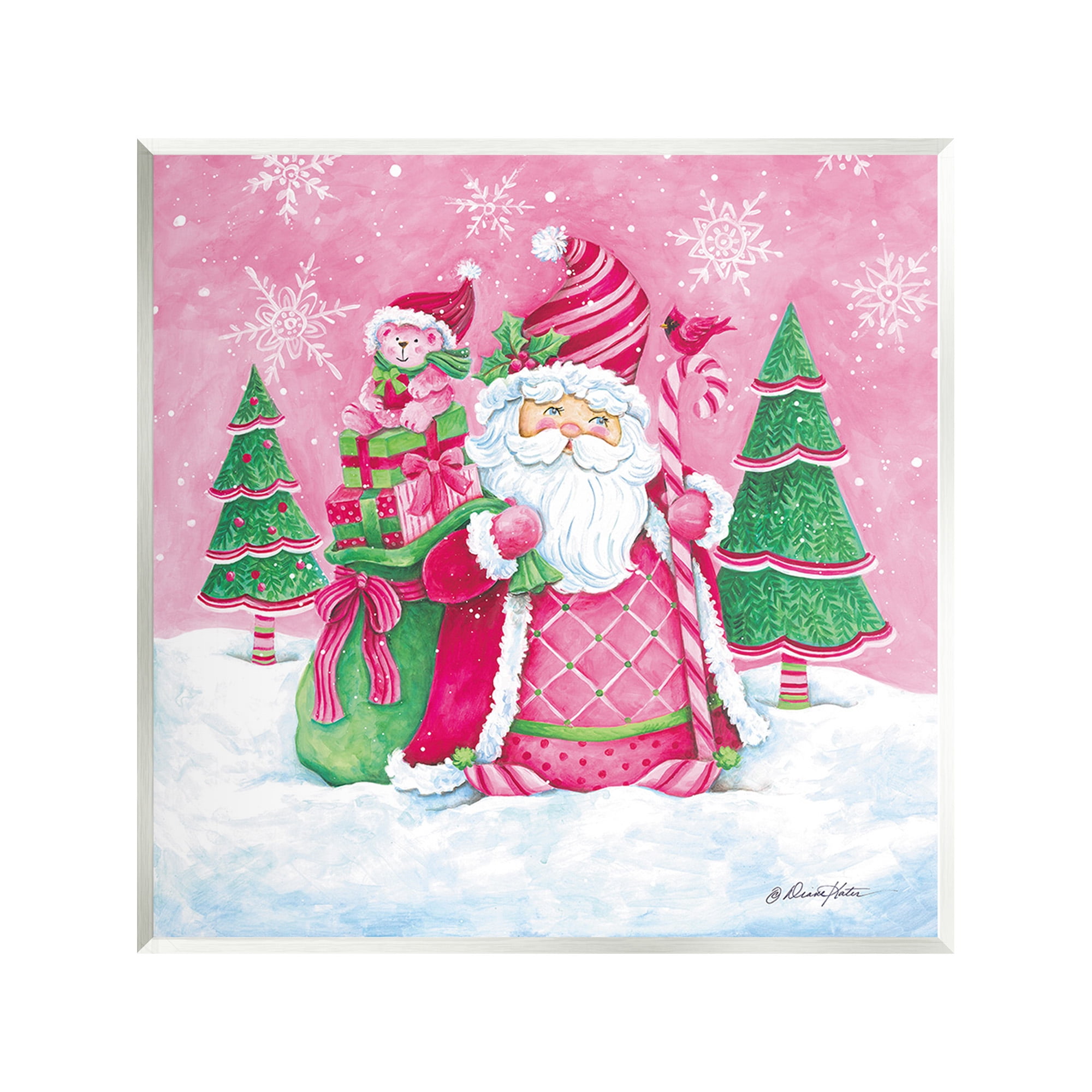 Stupell Industries Pink & Green Santa Scene Holiday Painting Unframed Art Print Wall Art, 12 x 12
