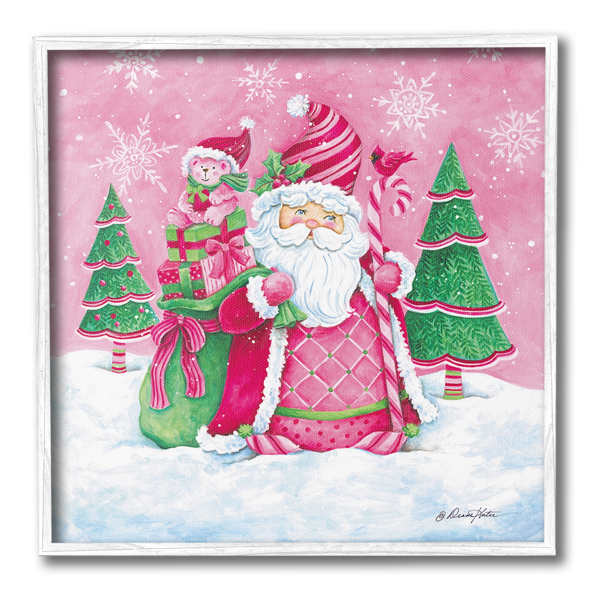 Stupell Industries Pink & Green Santa Scene Holiday Painting White Framed Art Print Wall Art, 24 x 24