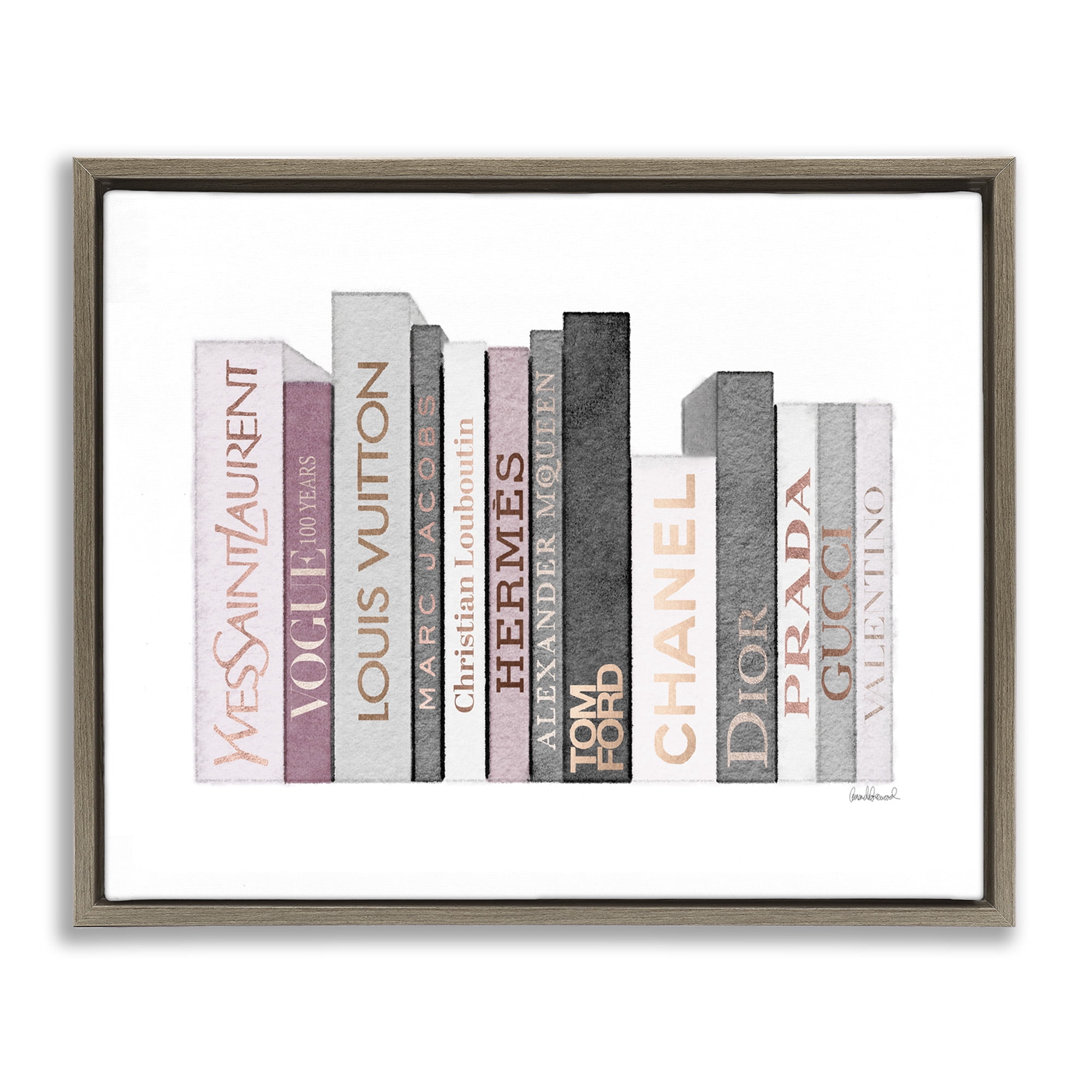 Stupell Industries Pink & Grey Fashion Bookstack Beauty & Fashion Painting Brown Floater Framed Canvas Art Print Wall Art, 21 x 17