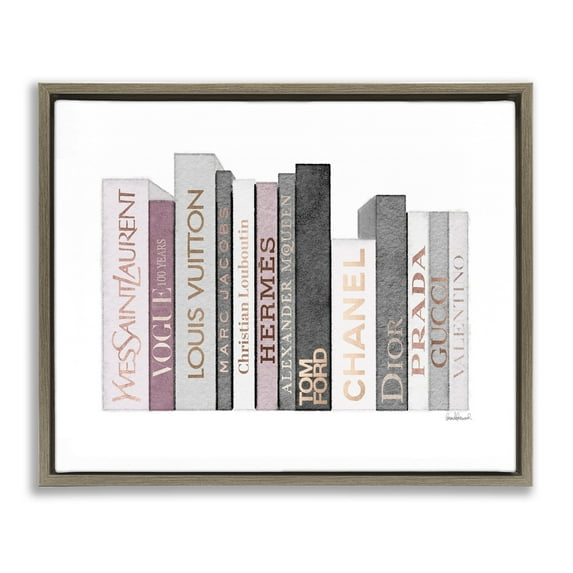 Stupell Industries Pink & Grey Fashion Bookstack Beauty & Fashion Painting Brown Floater Framed Canvas Art Print Wall Art, 31 x 25