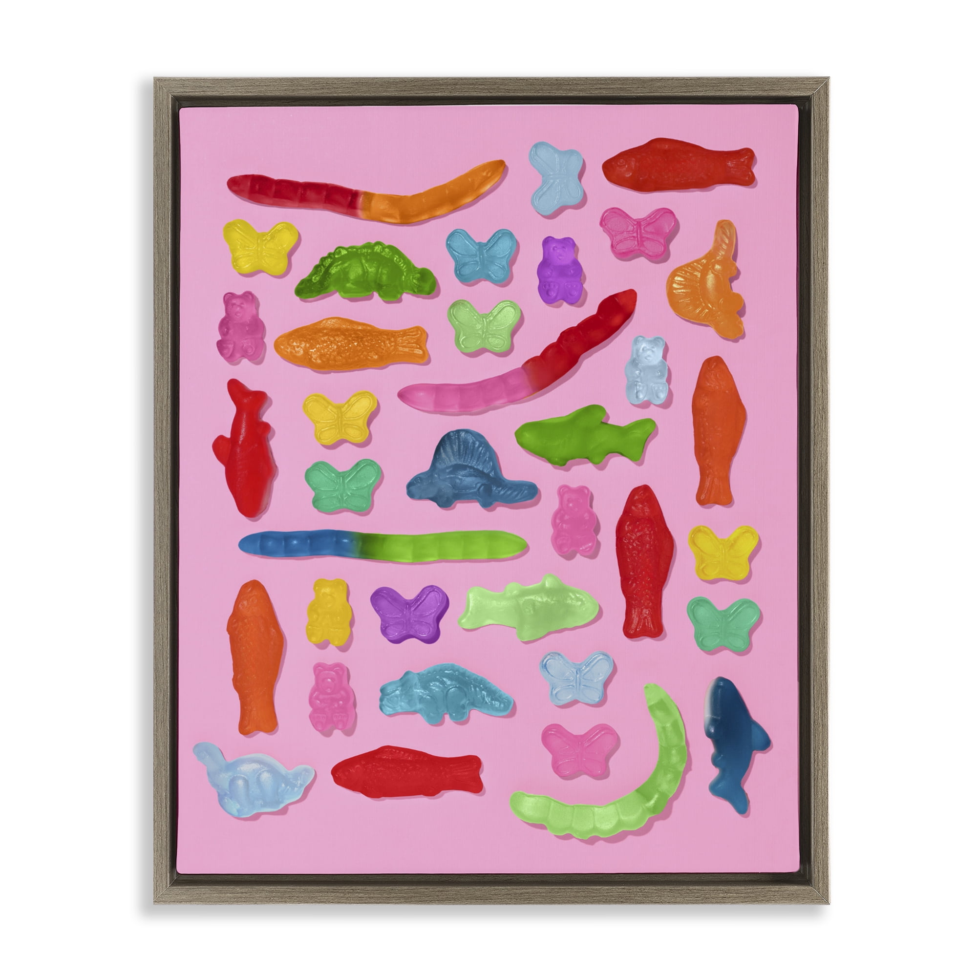 Stupell Industries Pink Gummy Animal Collage Brown Framed Floater Canvas Wall Art, design by LISH Creative