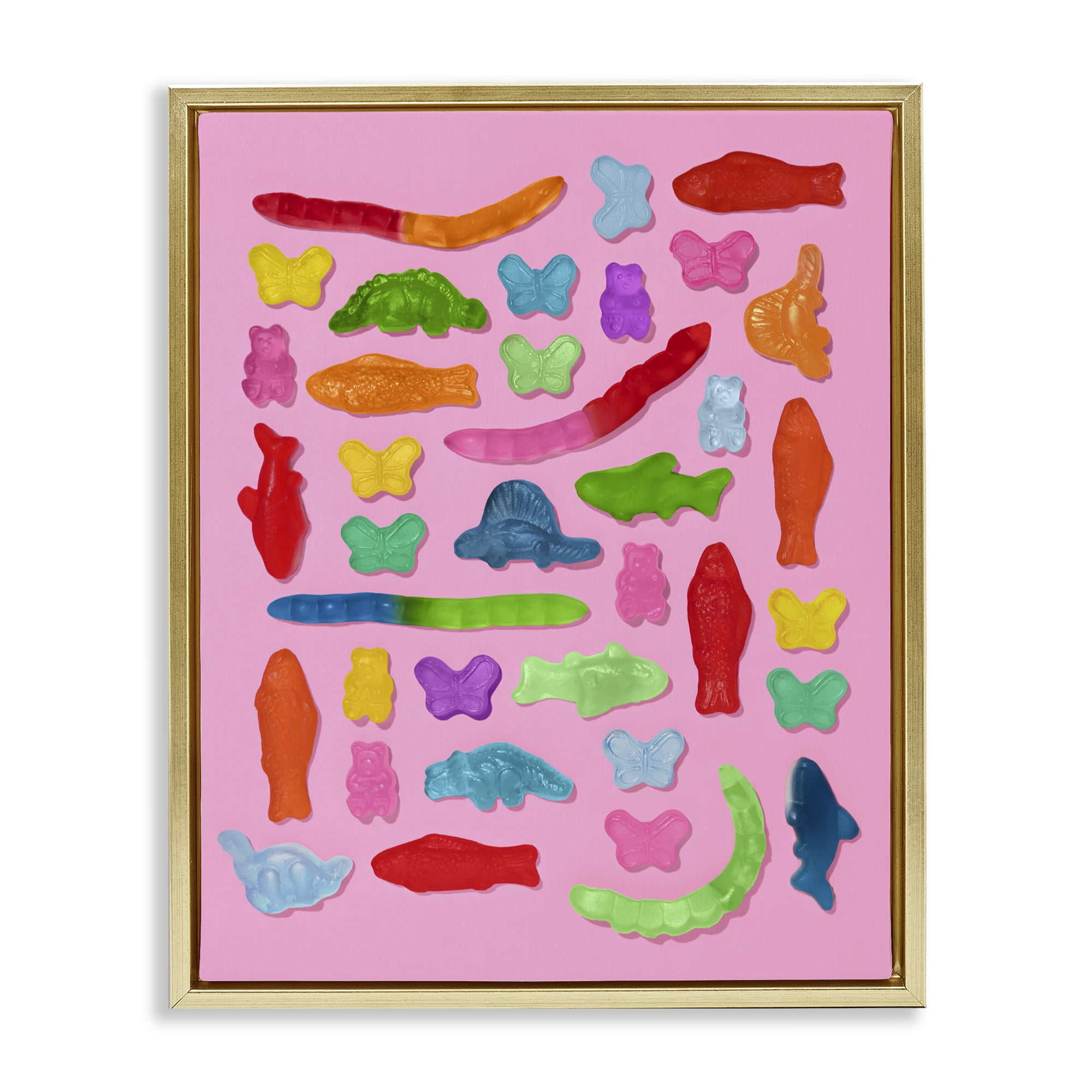 Stupell Industries Pink Gummy Animal Collage Gold Framed Floater Canvas Wall Art, design by LISH Creative