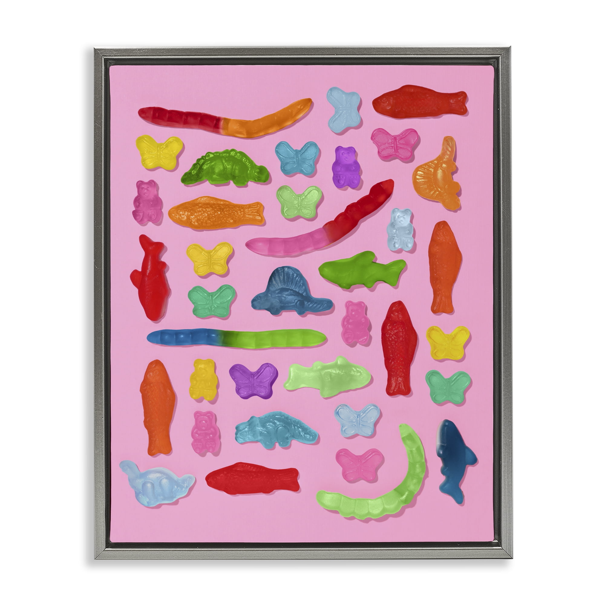 Stupell Industries Pink Gummy Animal Collage Gray Framed Floater Canvas Wall Art, design by LISH Creative